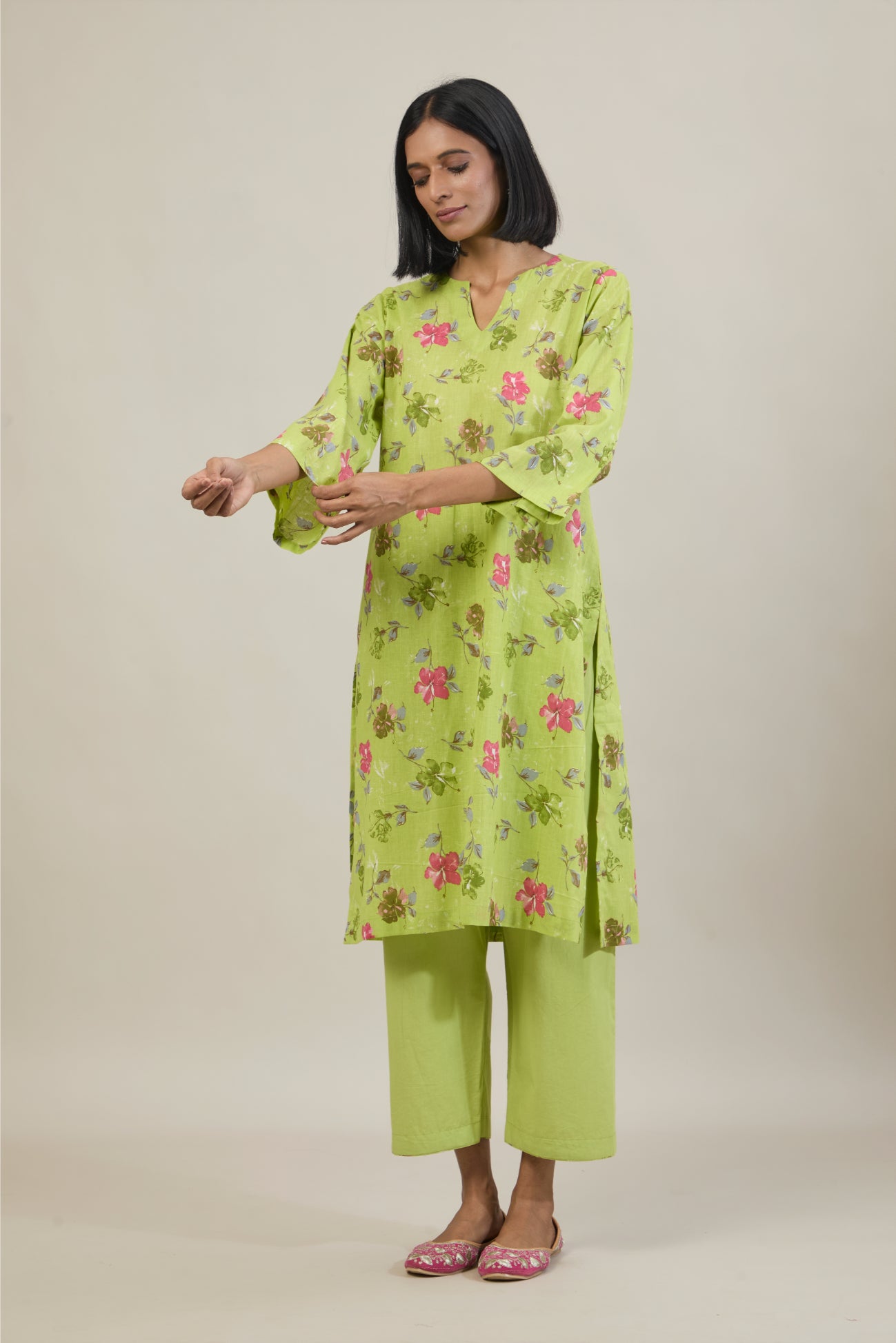 Tana Bright Green Printed Cotton Straight Kurta Set with dupatta