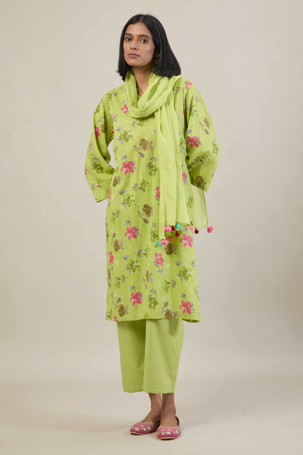 Tana Bright Green Printed Cotton Straight Kurta Set with dupatta
