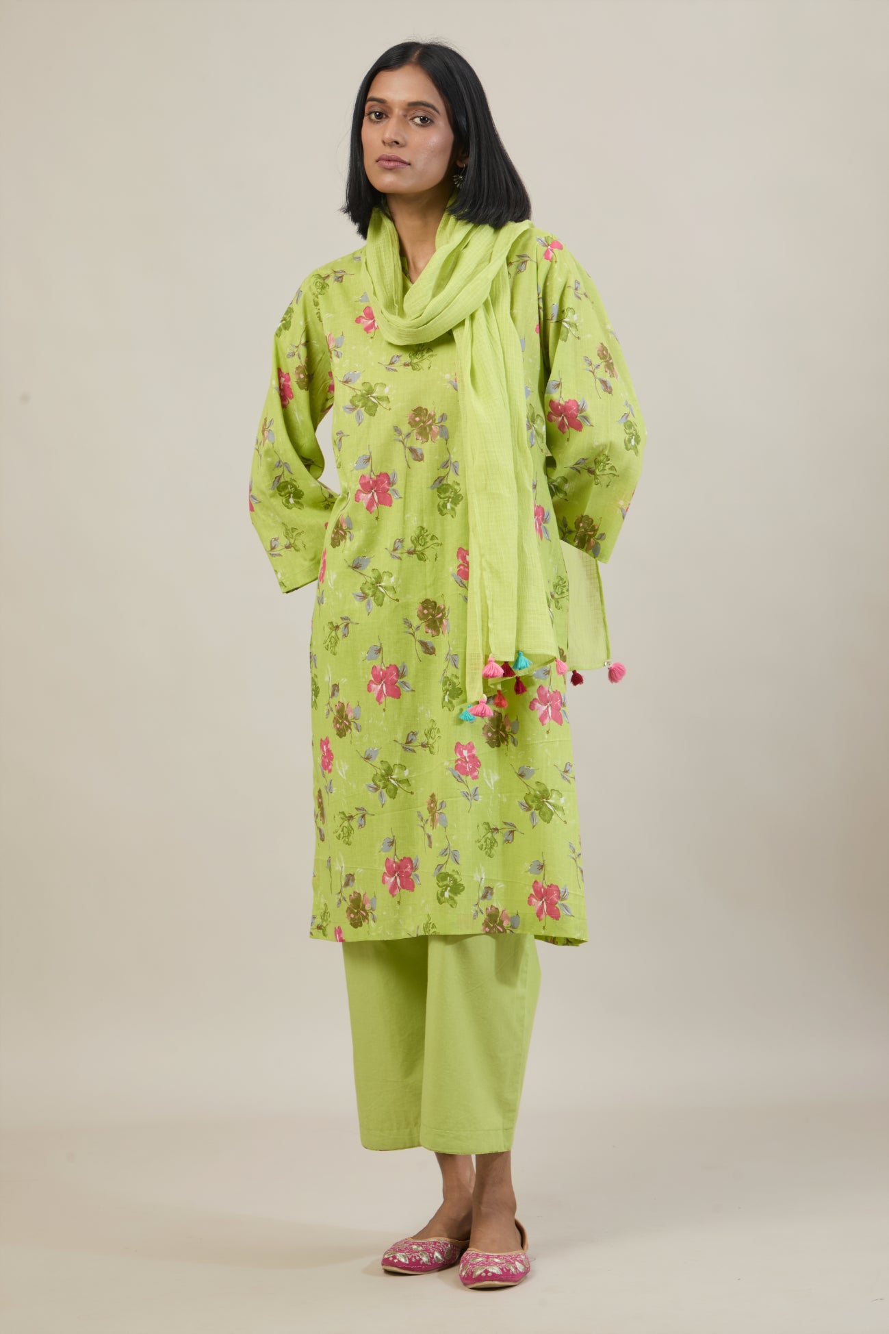 Tana Bright Green Printed Cotton Straight Kurta Set with dupatta