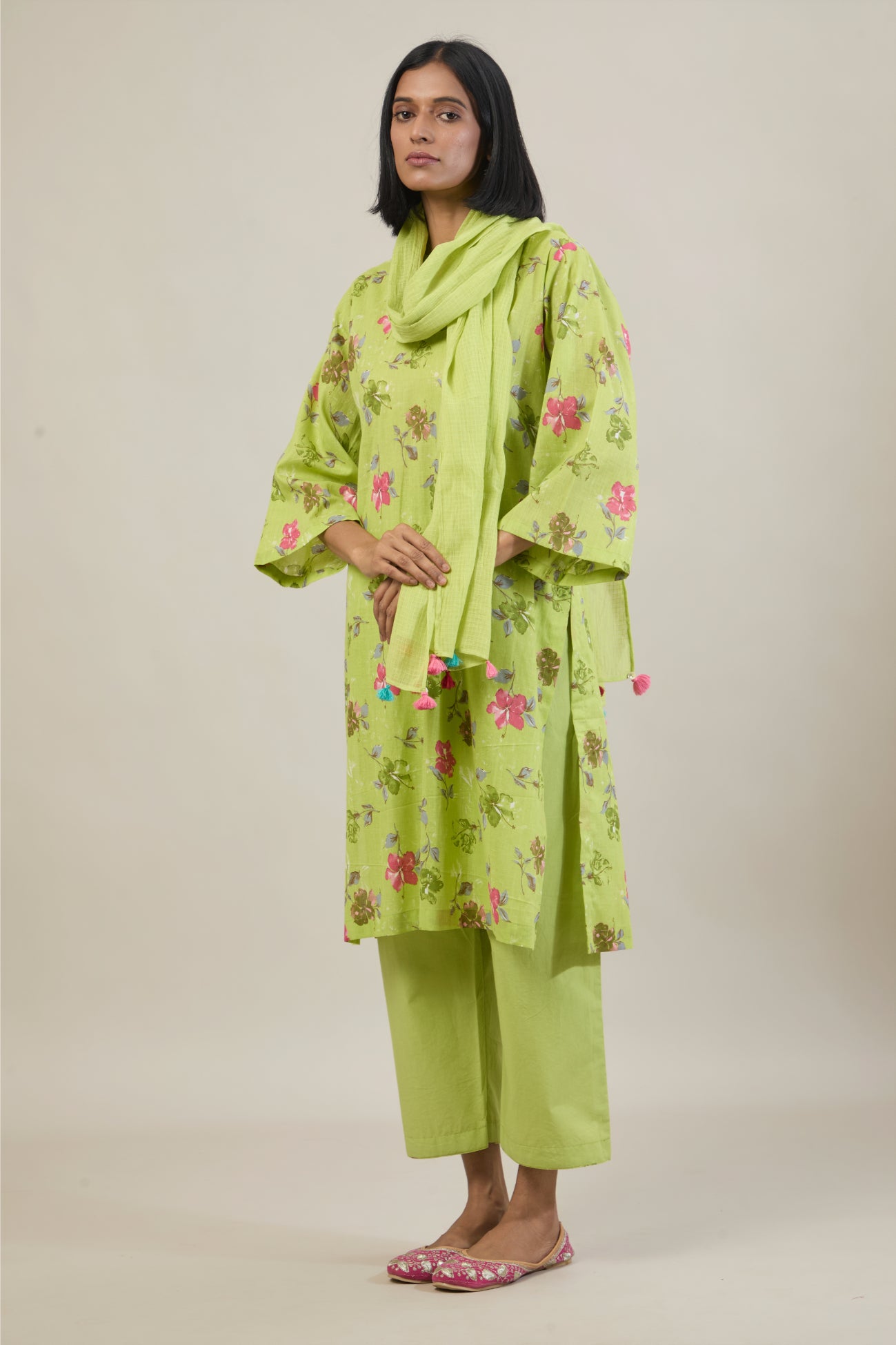 Tana Bright Green Printed Cotton Straight Kurta Set with dupatta