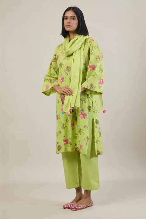 Tana Bright Green Printed Cotton Straight Kurta Set with dupatta