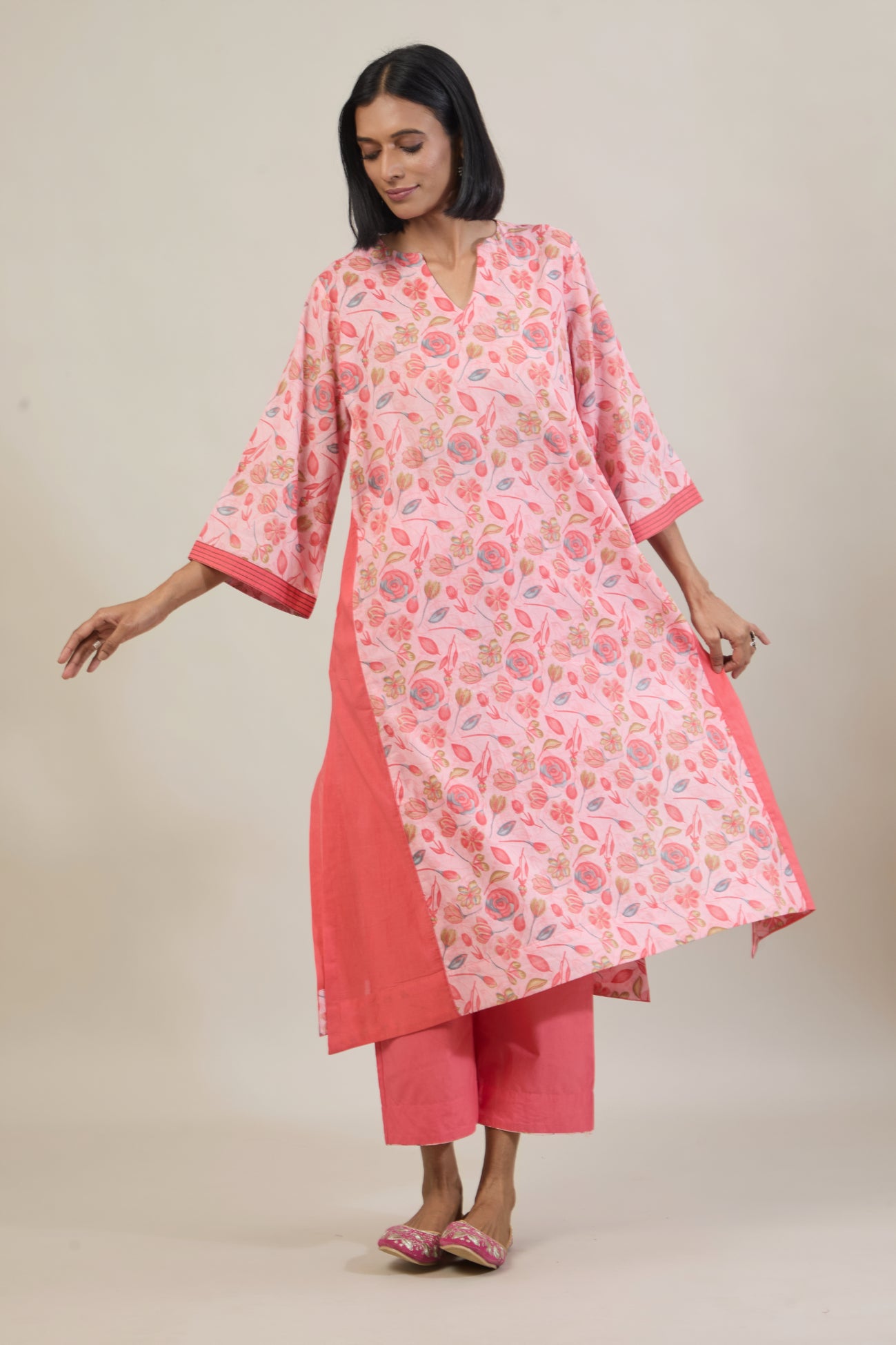Reva Peach Printed Cotton Kali Kurta Set