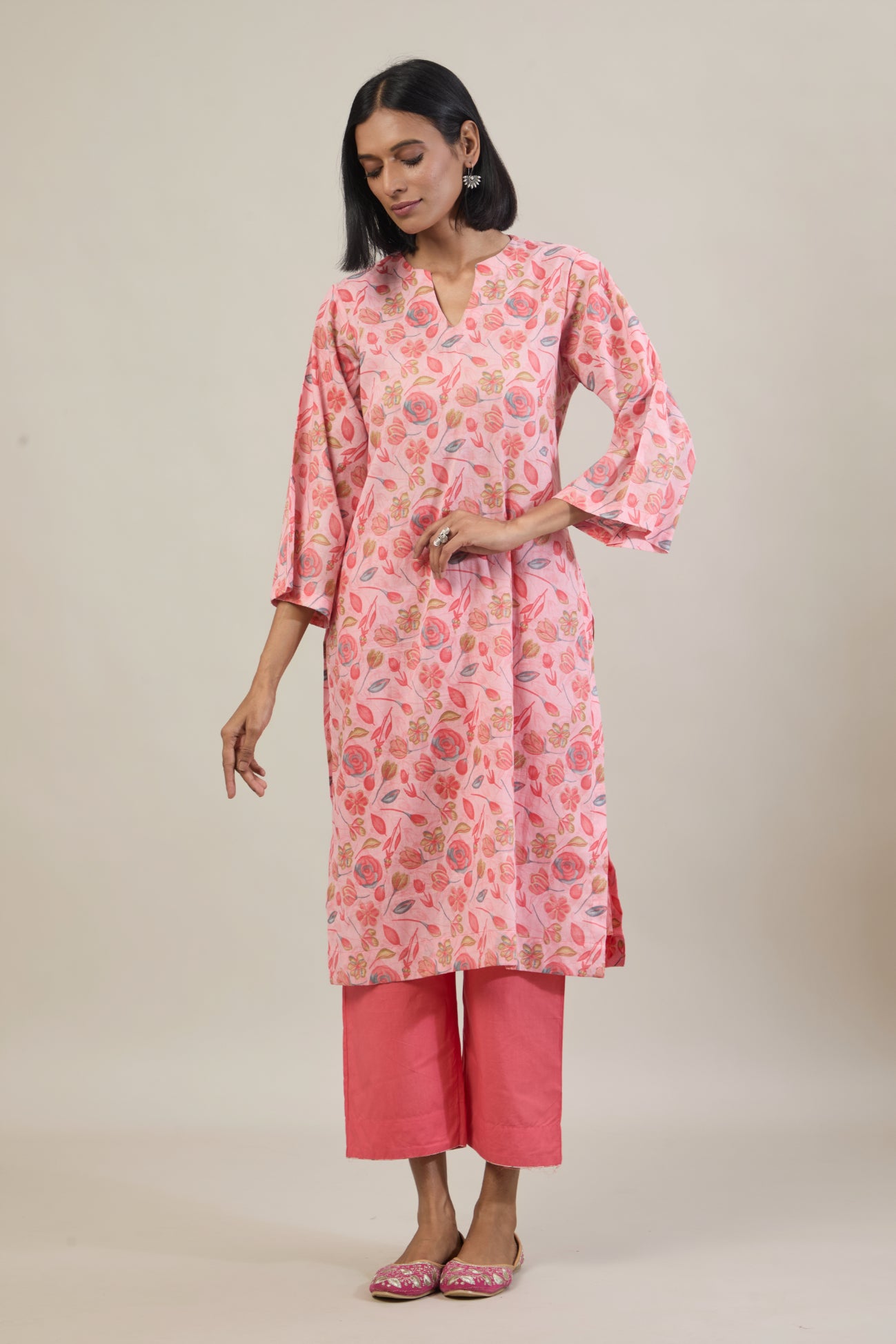 Niyam Peach Printed Cotton Straight Kurta Set with dupatta
