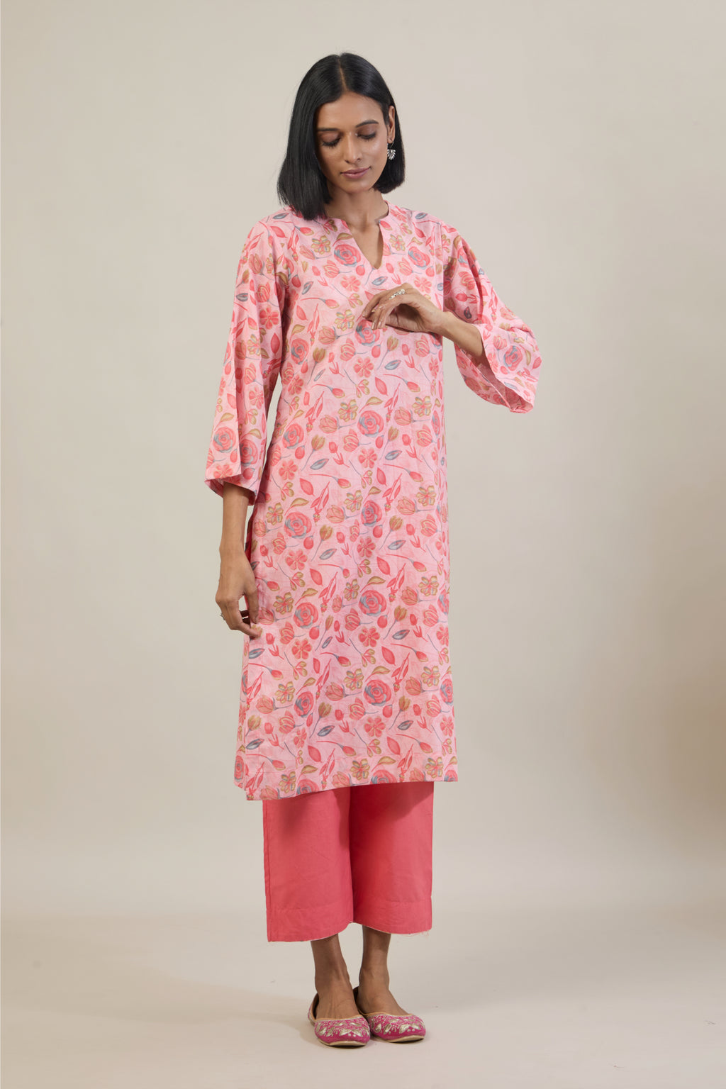 Niyam Peach Printed Cotton Straight Kurta Set with dupatta