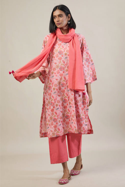 Niyam Peach Printed Cotton Straight Kurta Set with dupatta