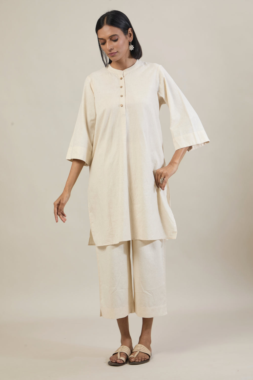 Nav Beige Solid Cotton Straight Kurta Set