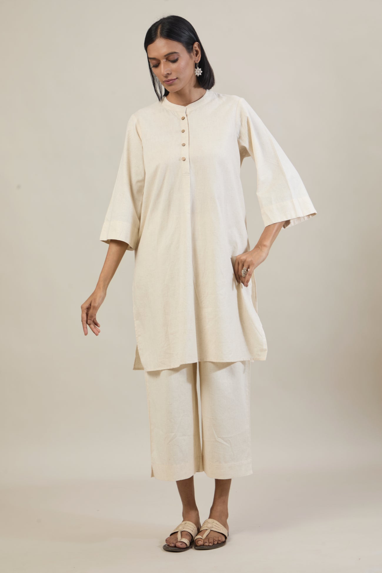 Nav Beige Solid Cotton Straight Kurta Set