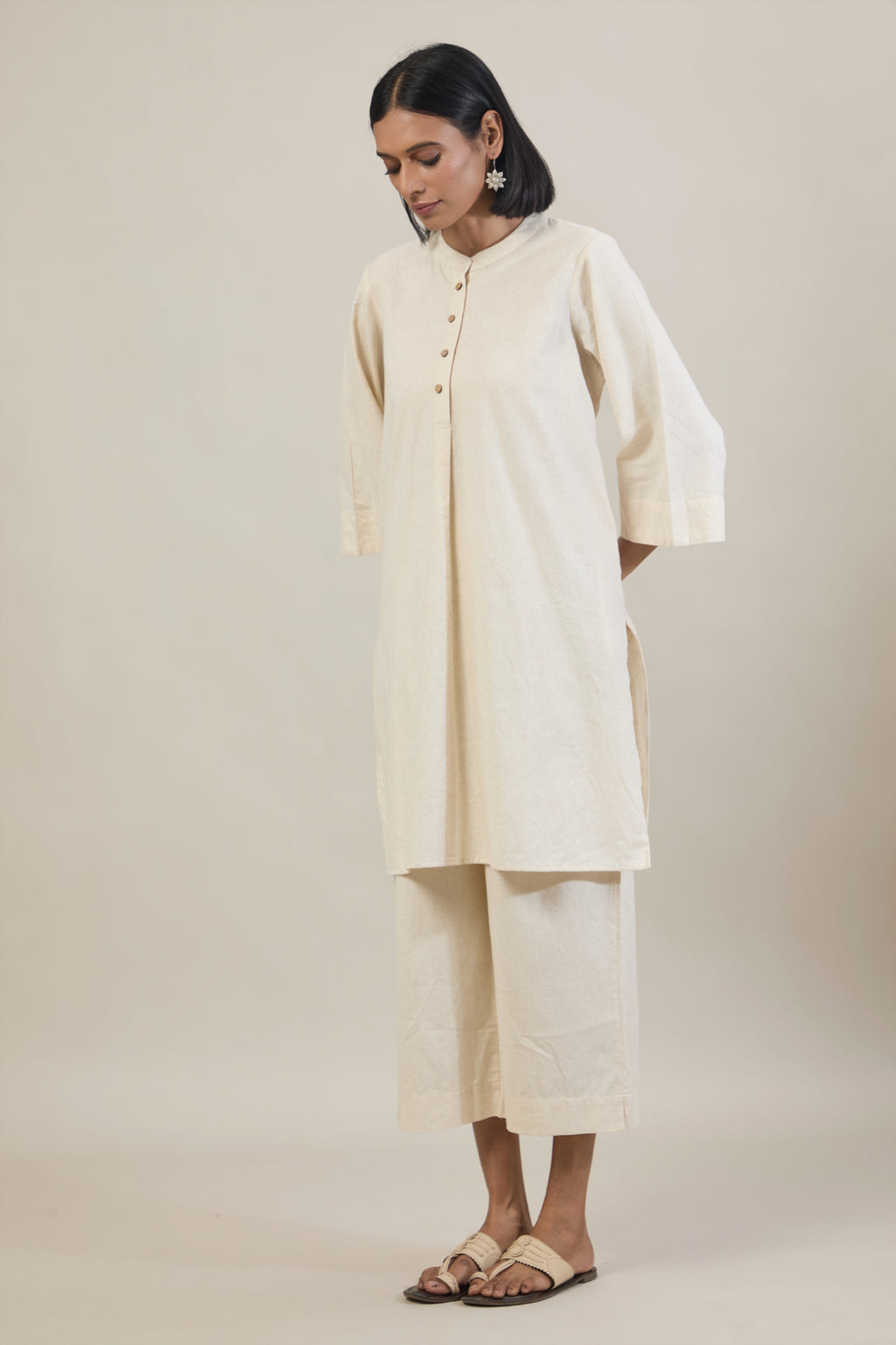 Nav Beige Solid Cotton Straight Kurta Set