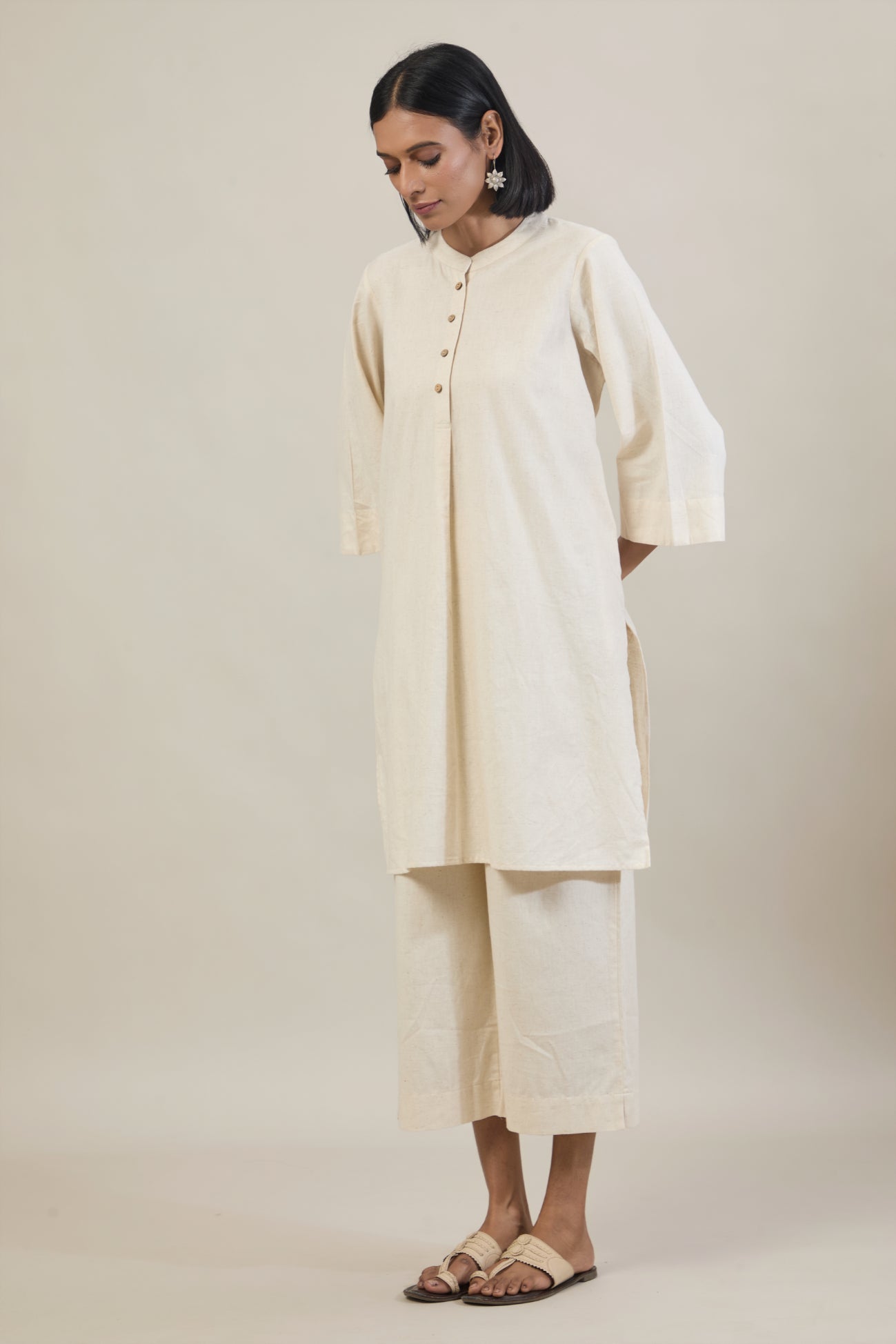 Nav Beige Solid Cotton Straight Kurta Set