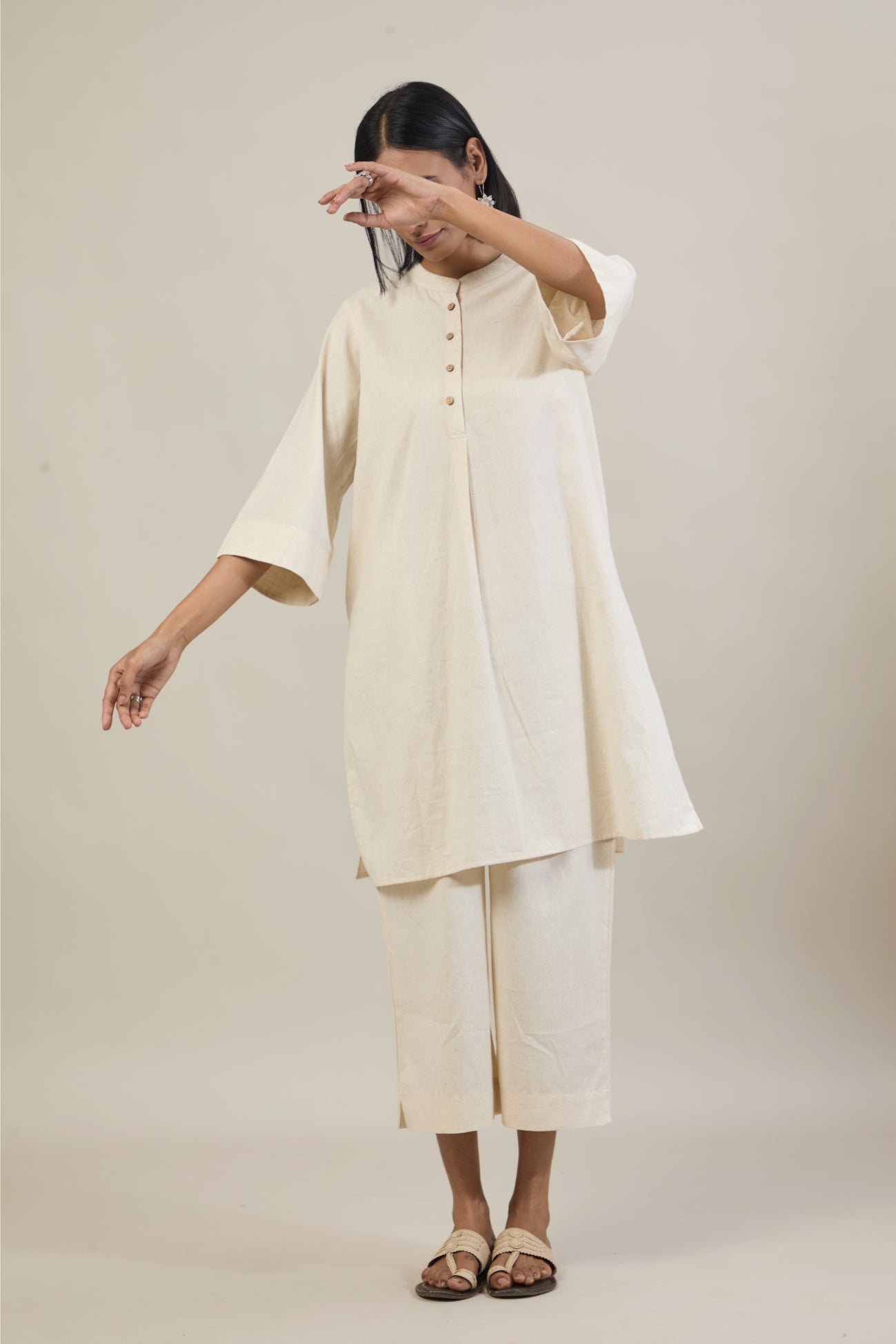 Nav Beige Solid Cotton Straight Kurta Set