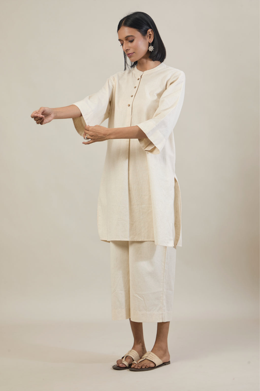 Nav Beige Solid Cotton Straight Kurta Set