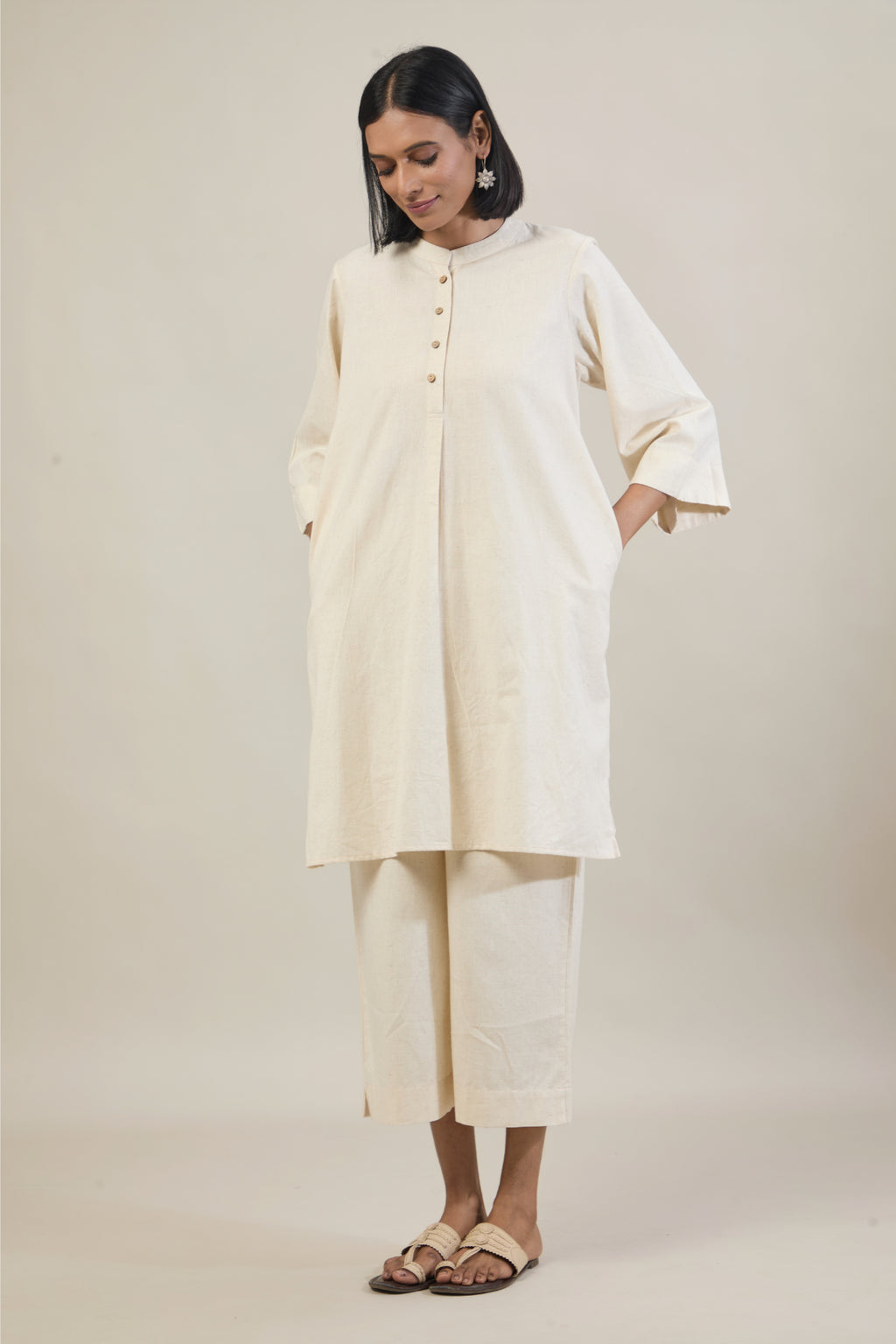 Nav Beige Solid Cotton Straight Kurta Set