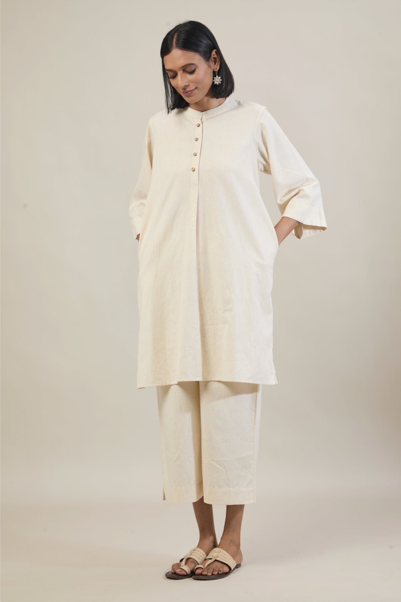 Nav Beige Solid Cotton Straight Kurta Set