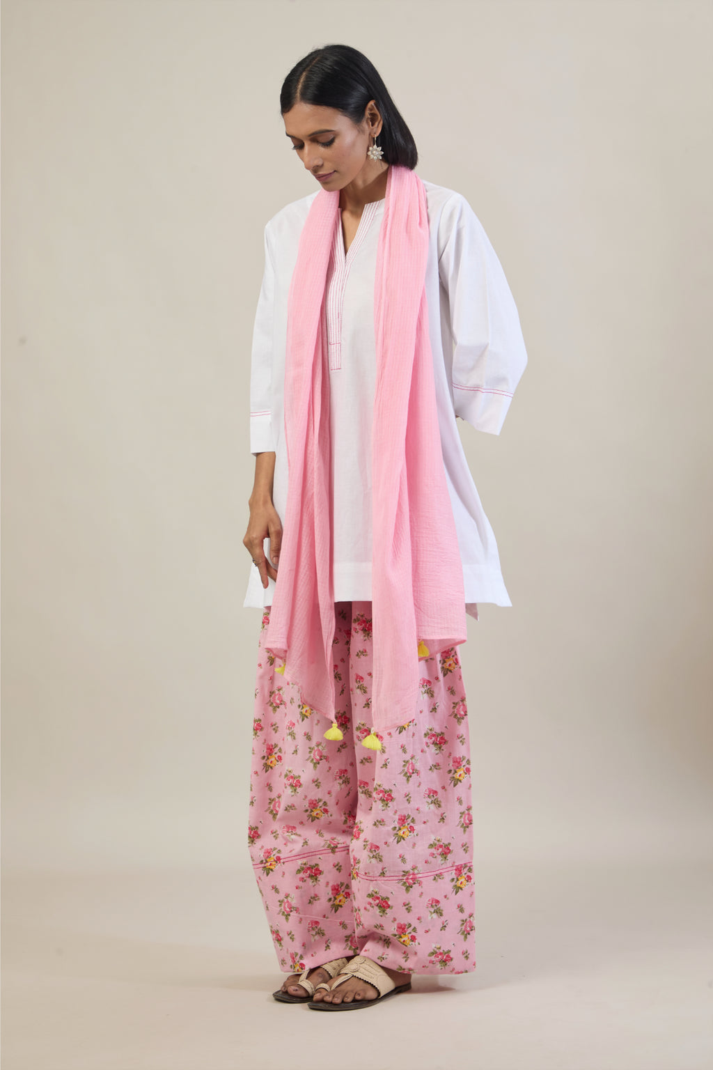 Eka White solid Cotton Straight printed Farsi Salwar Set with dupatta