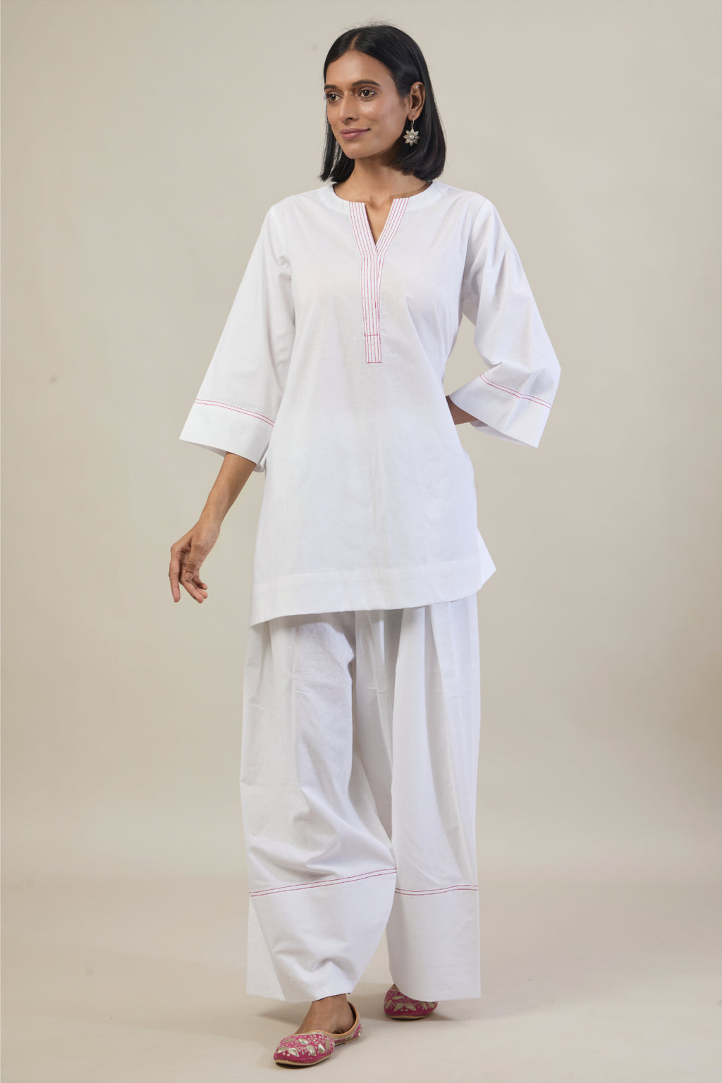 Roop White Solid Cotton Straight Farsi Salwar Set