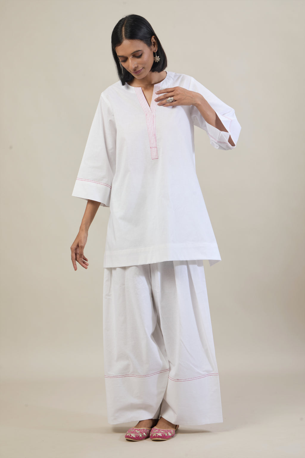 Roop White Solid Cotton Straight Farsi Salwar Set