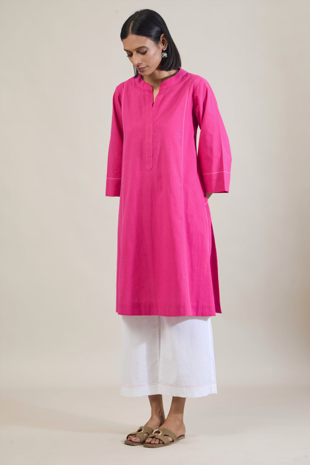 Saar Pink Solid Cotton Straight Kurta Set