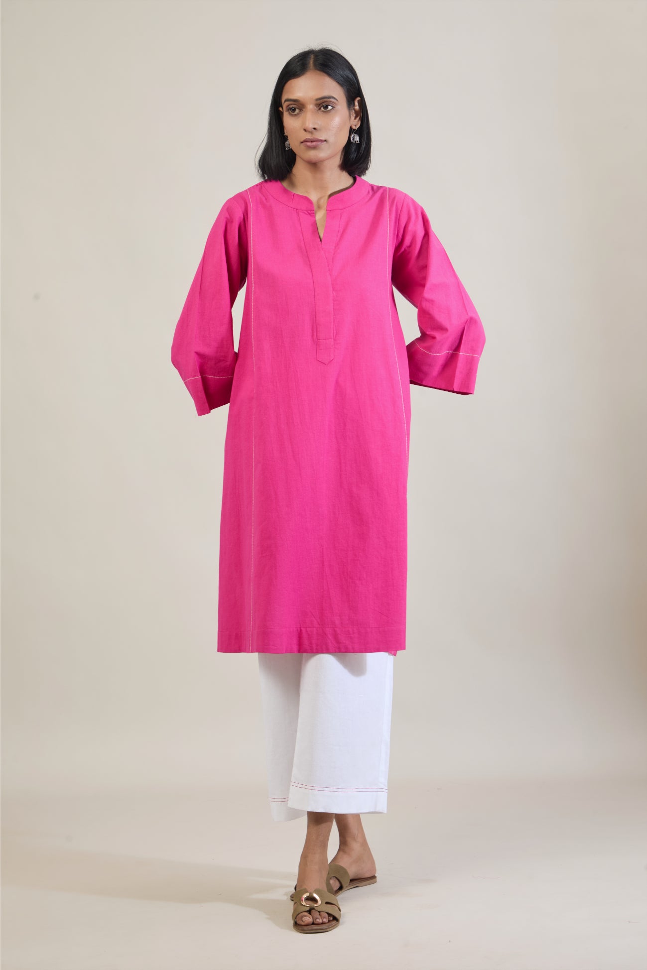 Saar Pink Solid Cotton Straight Kurta Set