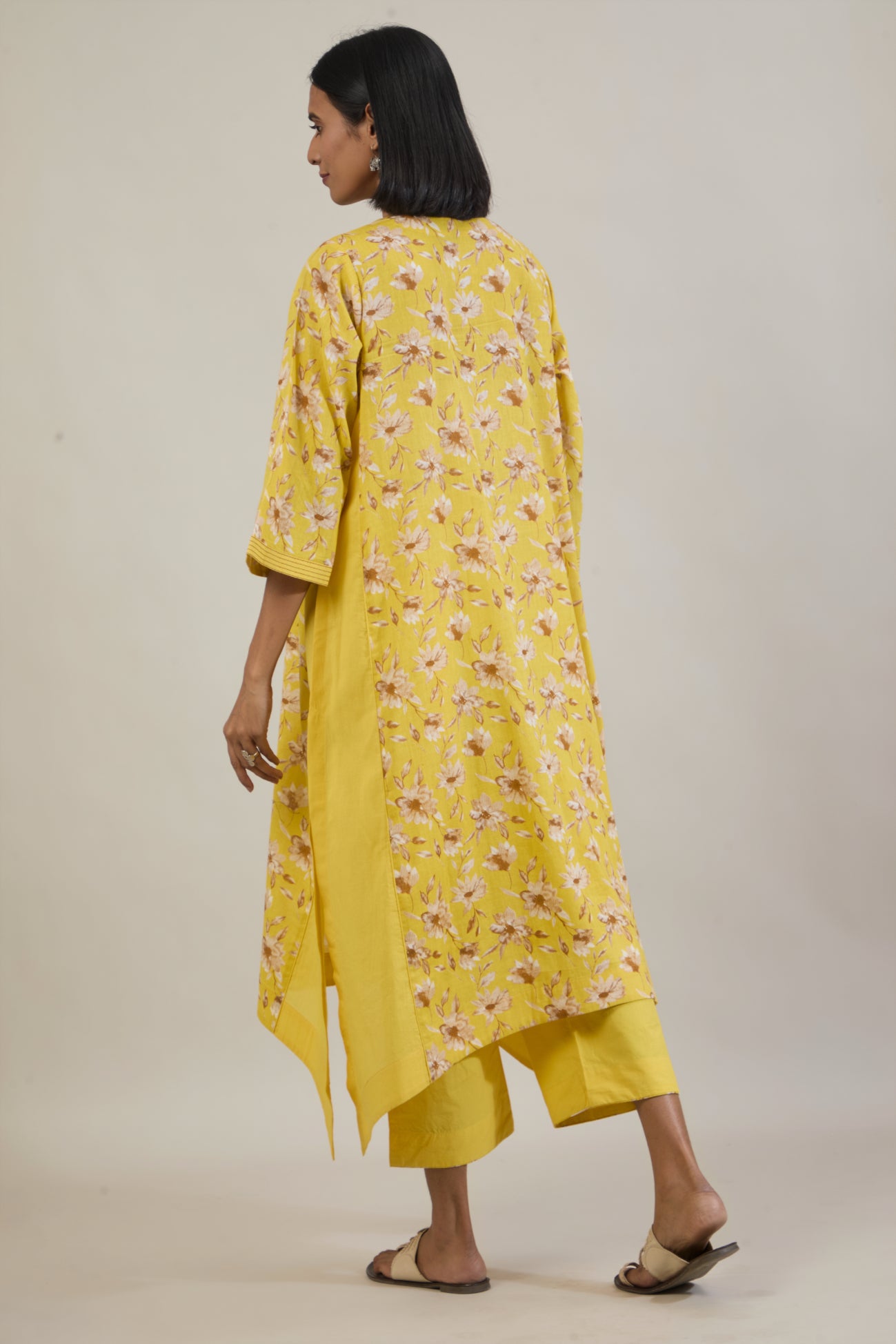 Mridu Yellow Printed Cotton Kali Kurta Set