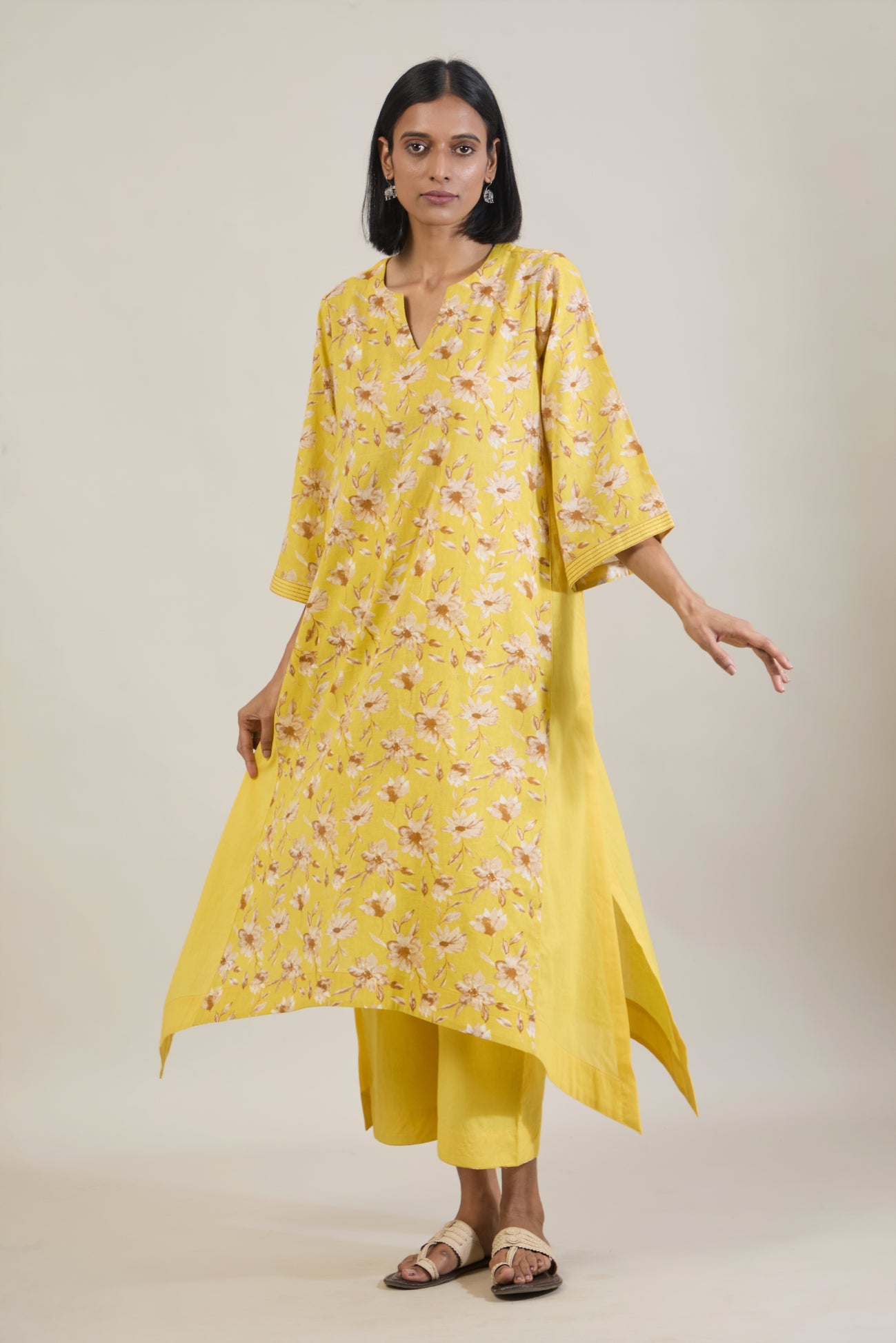 Mridu Yellow Printed Cotton Kali Kurta Set