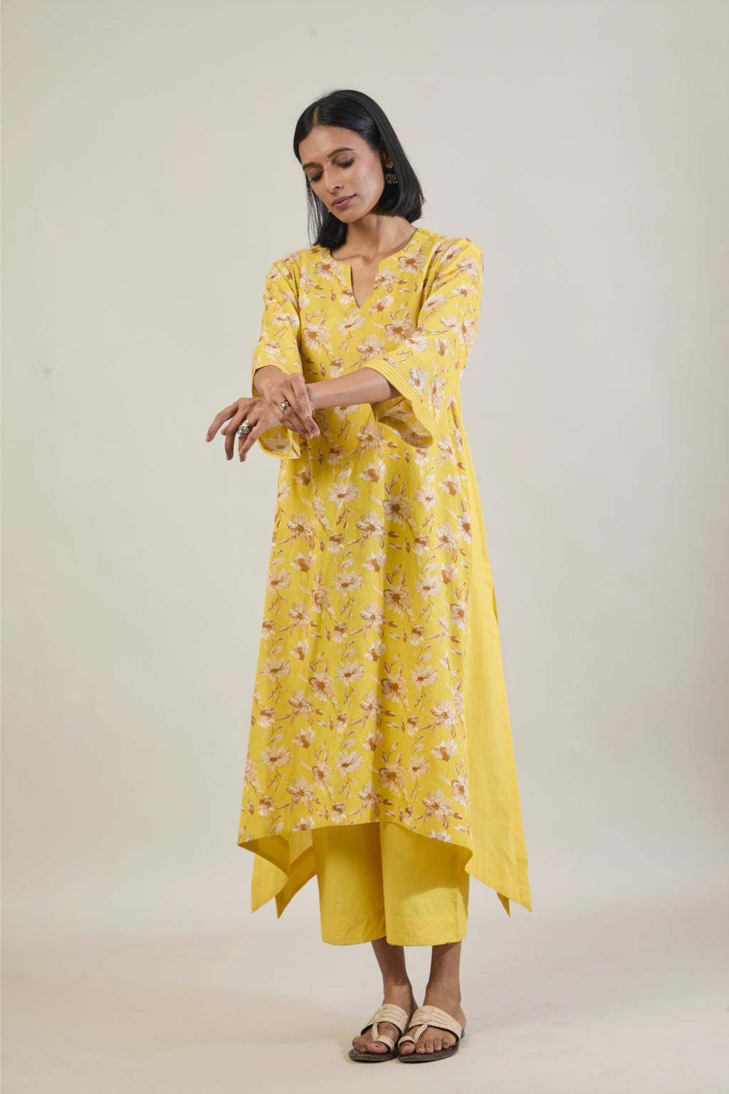 Mridu Yellow Printed Cotton Kali Kurta Set