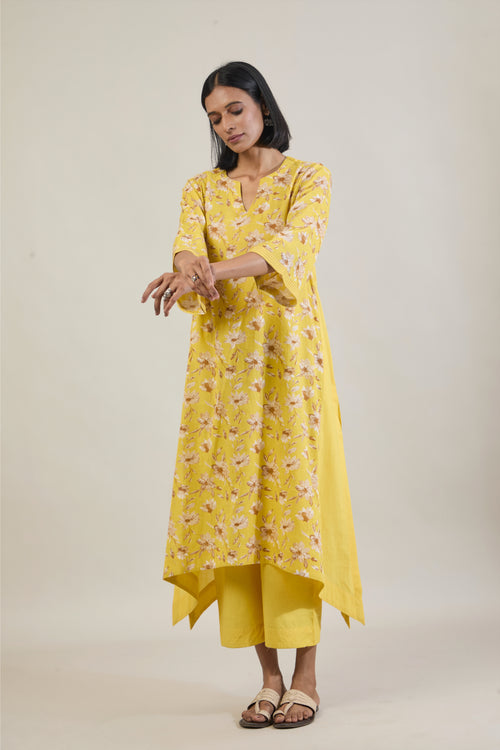 Mridu Yellow Printed Cotton Kali Kurta Set