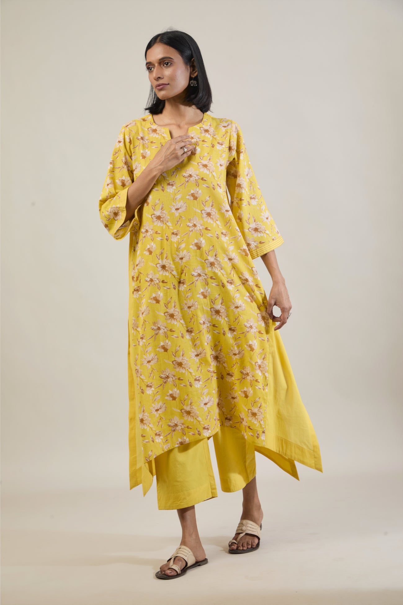 Mridu Yellow Printed Cotton Kali Kurta Set