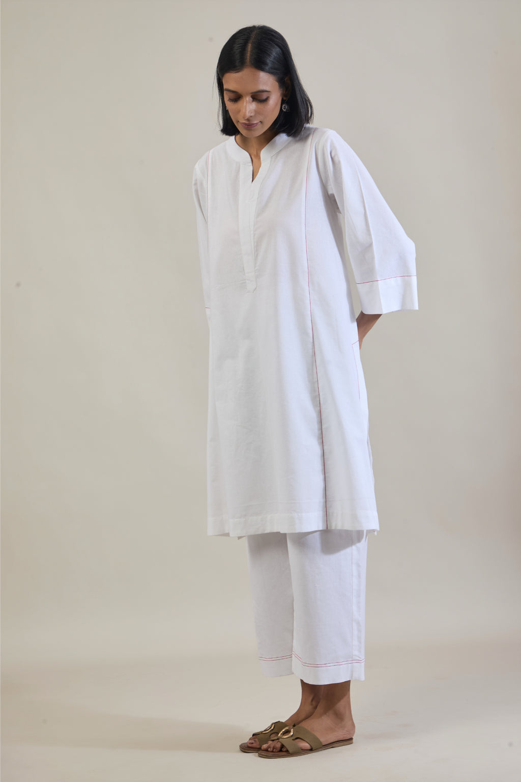 Yug White Solid Cotton Straight Kurta Set