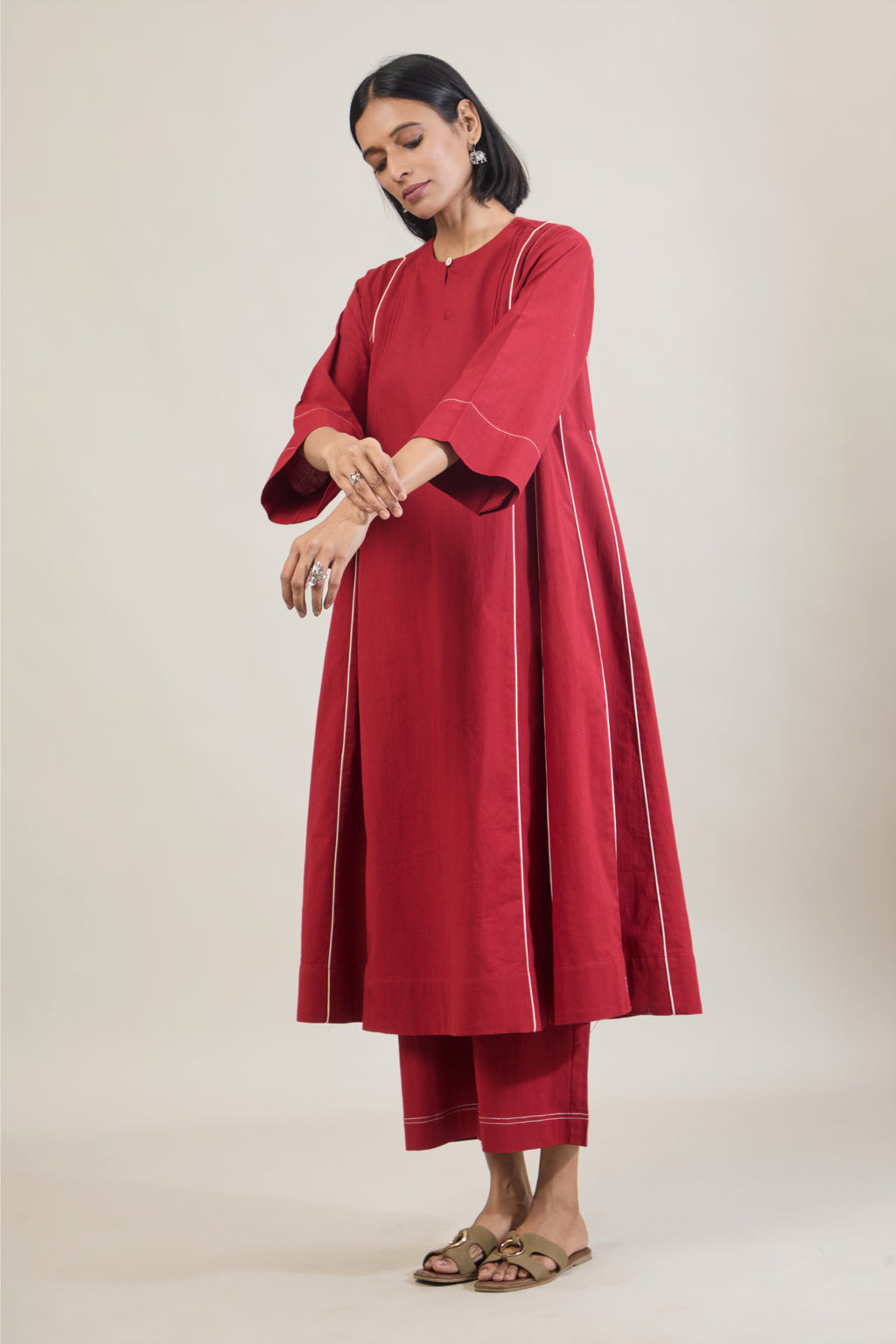 Akaar Red Solid Cotton Kali Kurta Set