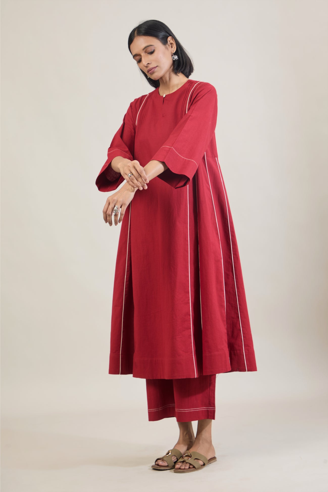 Akaar Red Solid Cotton Kali Kurta Set