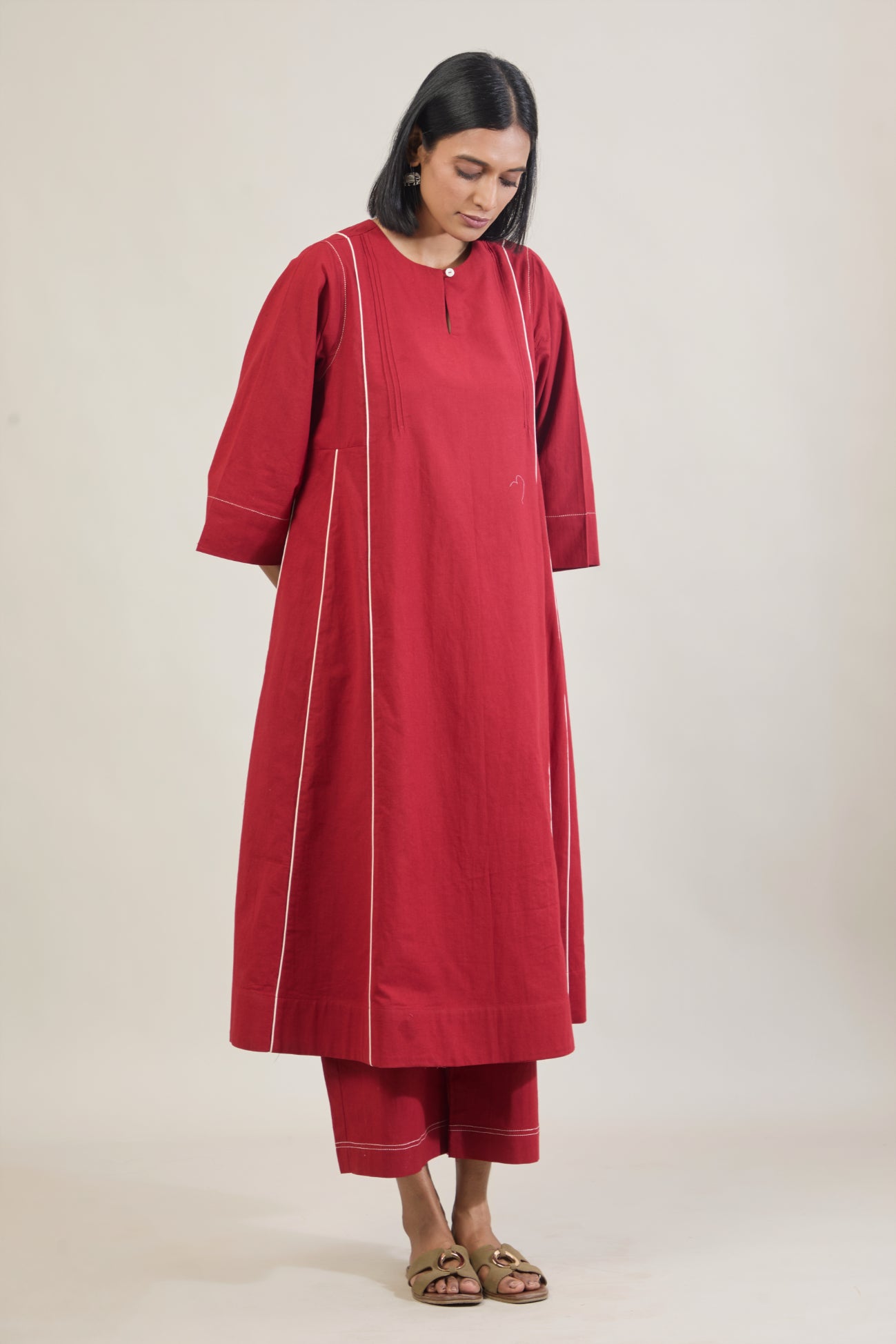 Akaar Red Solid Cotton Kali Kurta Set