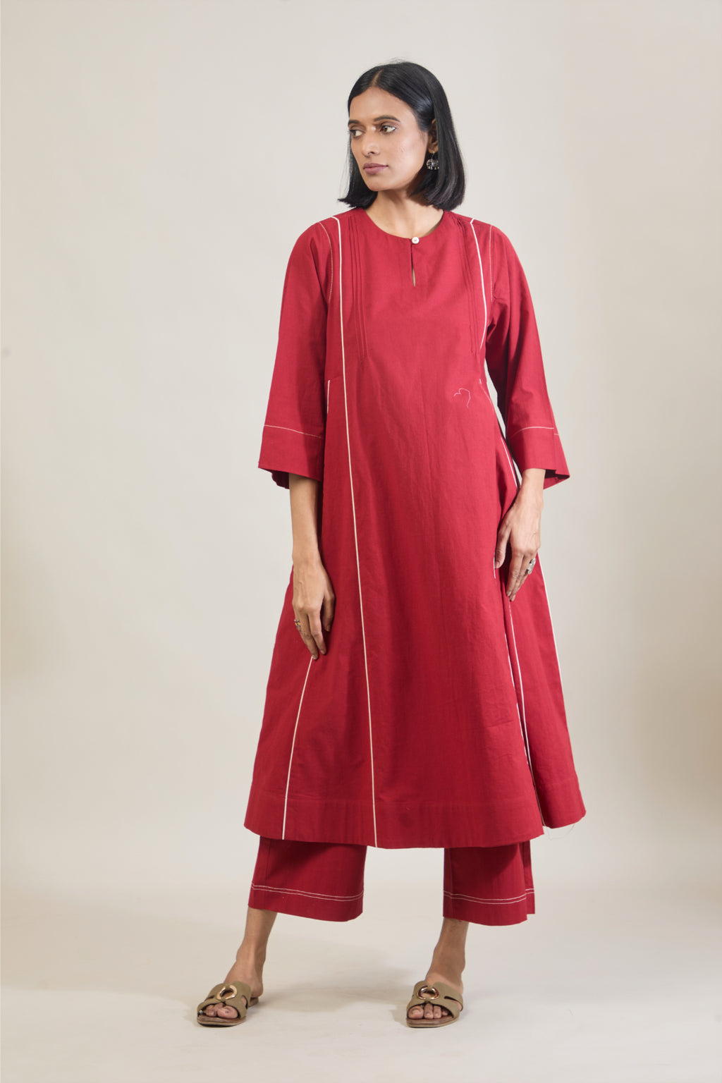 Akaar Red Solid Cotton Kali Kurta Set