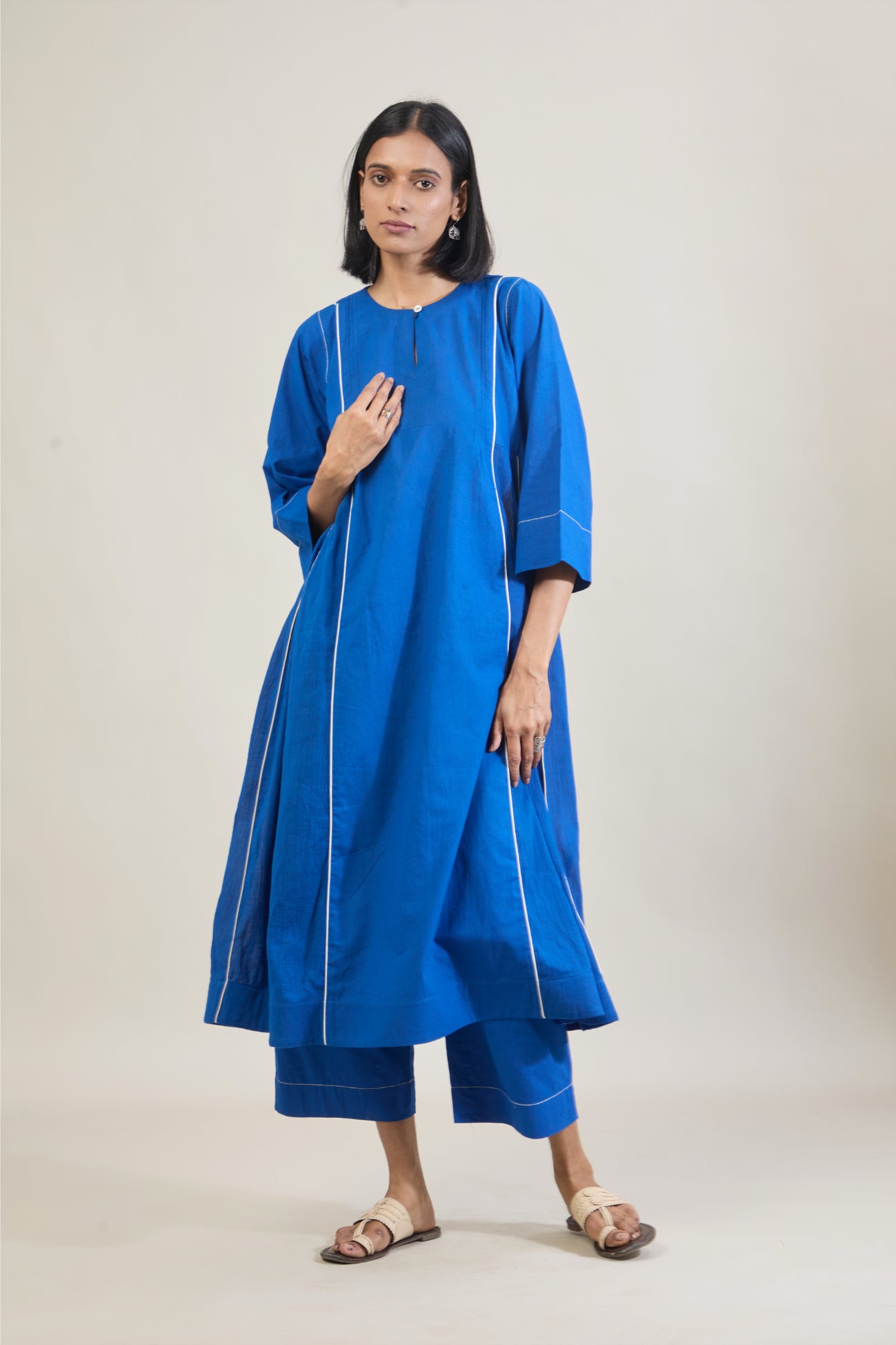 Amber Blue Solid Cotton Kali Kurta Set