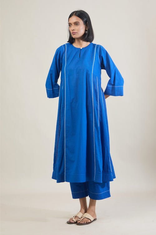 Amber Blue Solid Cotton Kali Kurta Set
