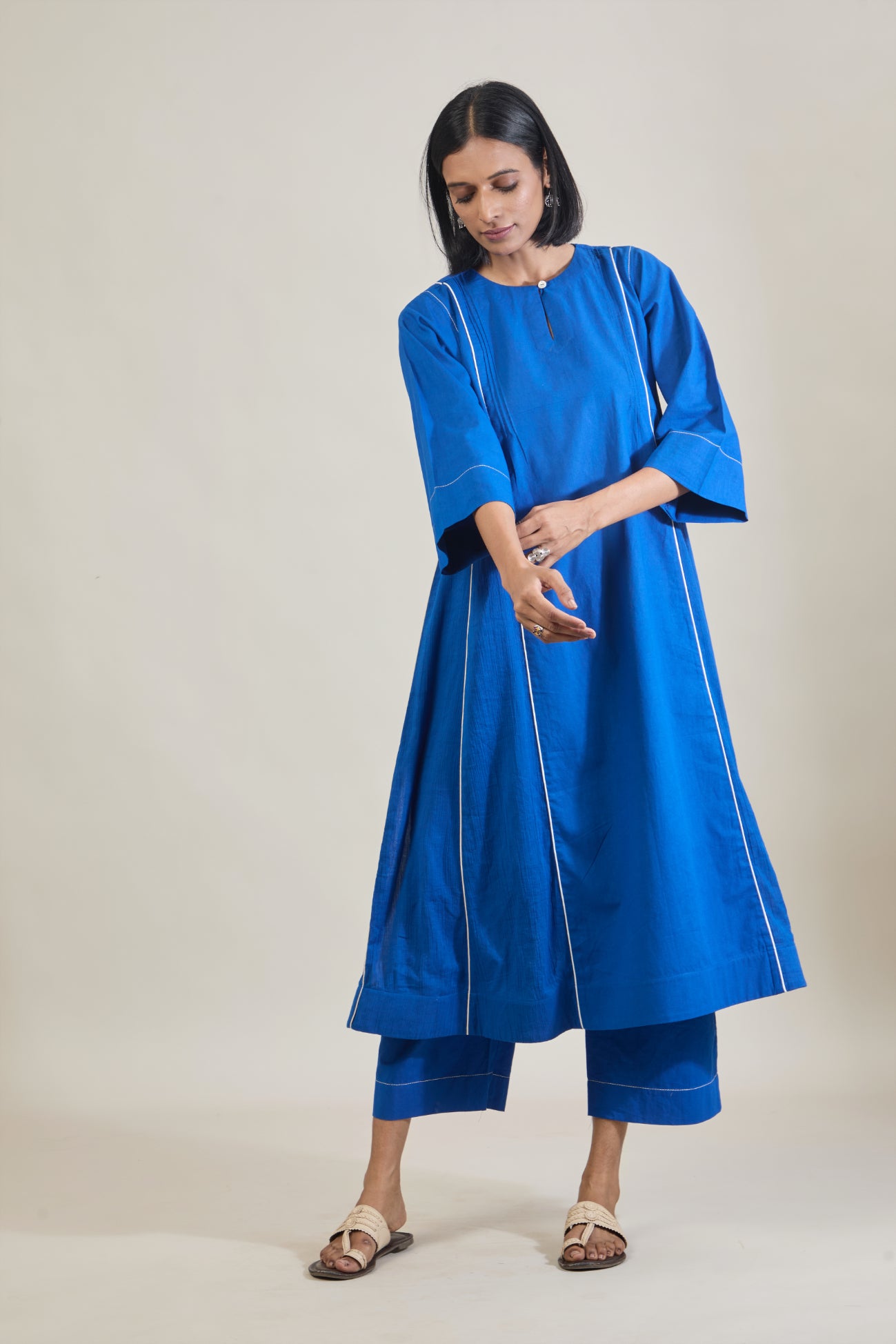 Amber Blue Solid Cotton Kali Kurta Set