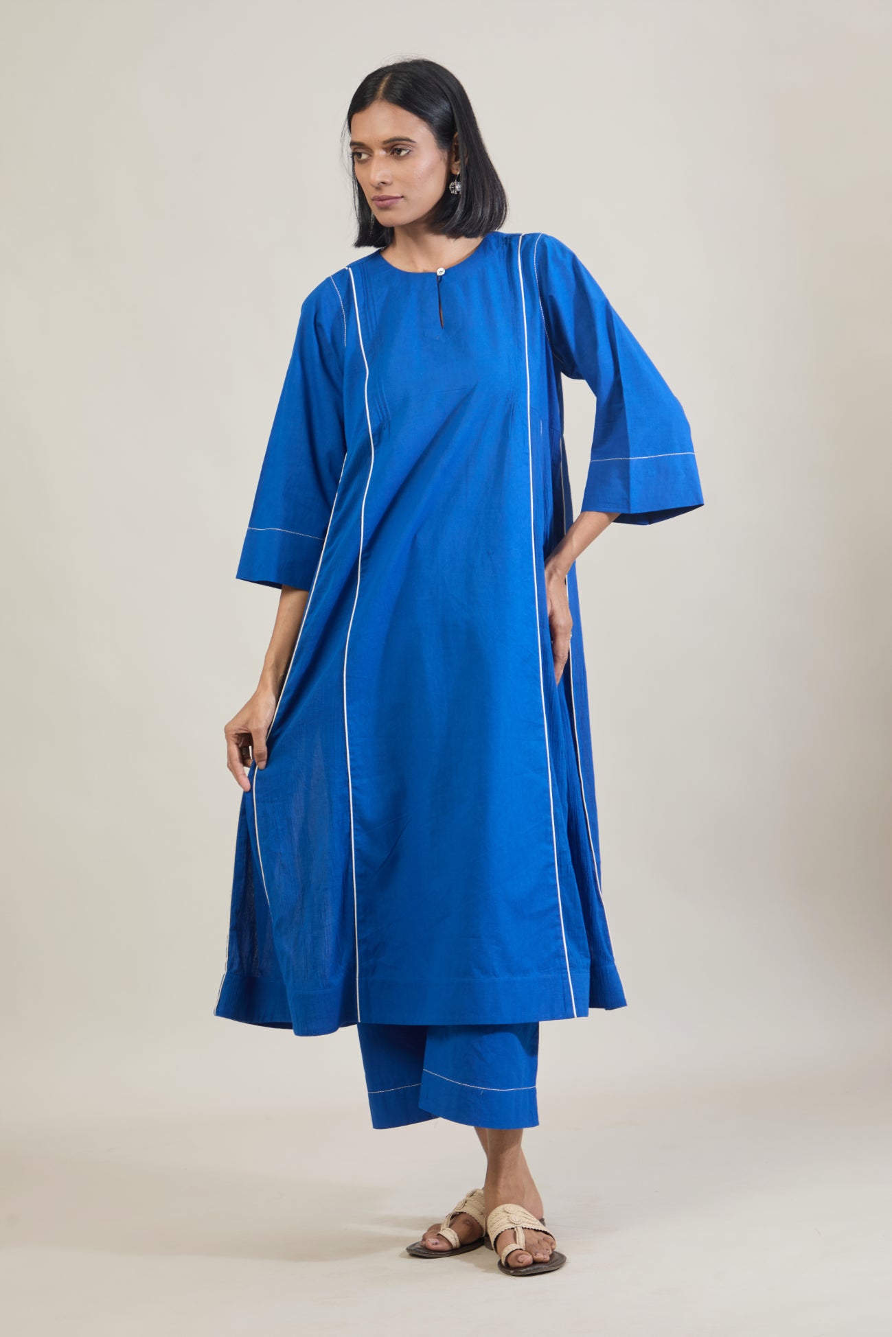 Amber Blue Solid Cotton Kali Kurta Set