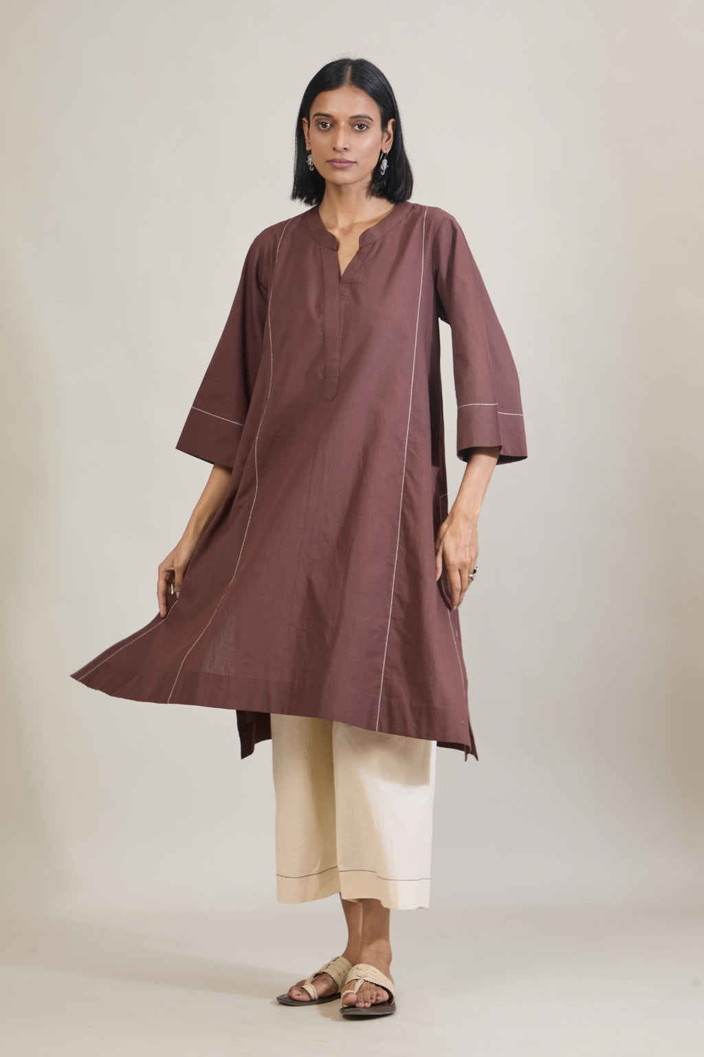 Katha Brown Solid Cotton Straight Kurta Set