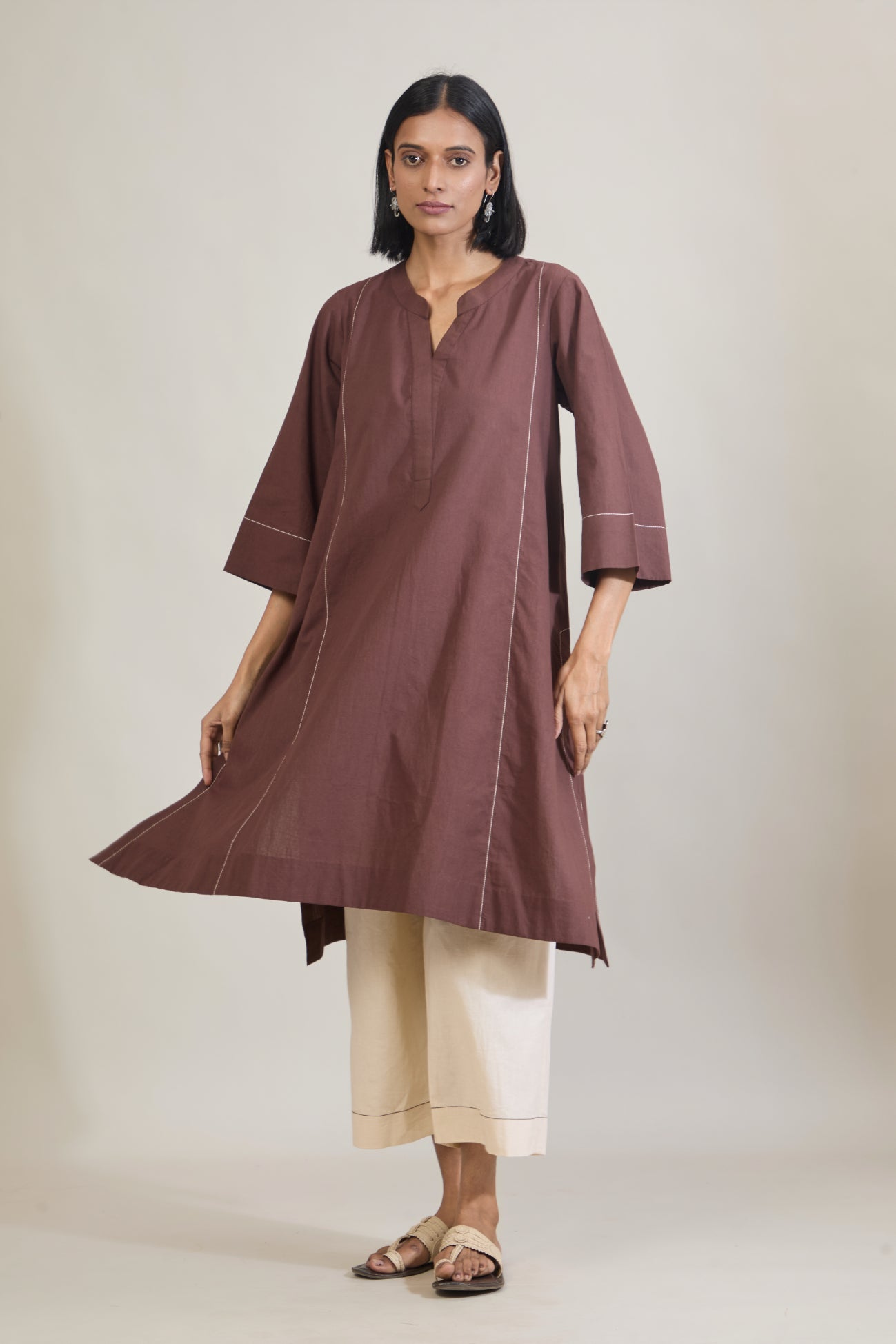 Katha Brown Solid Cotton Straight Kurta Set