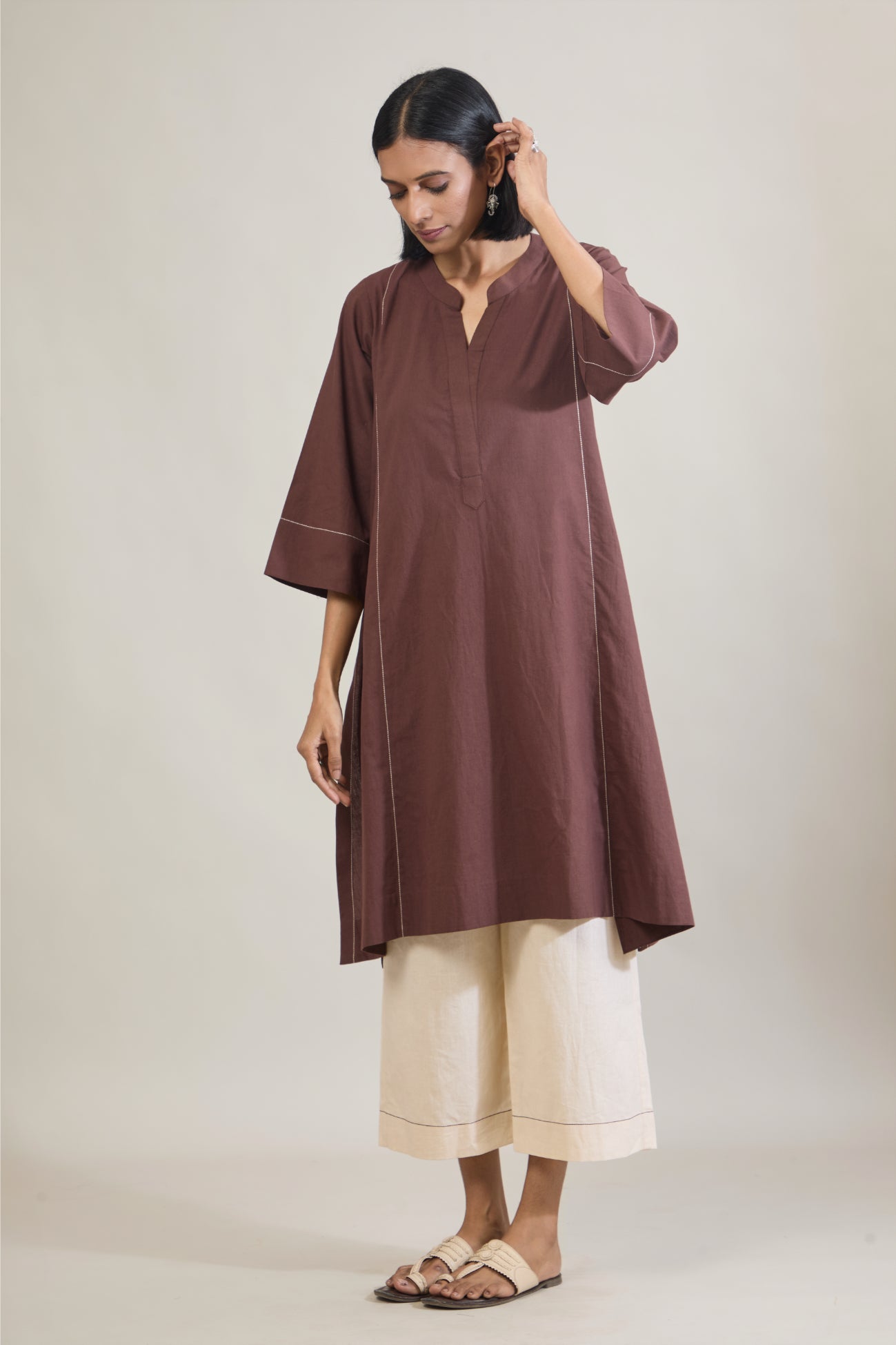 Katha Brown Solid Cotton Straight Kurta Set