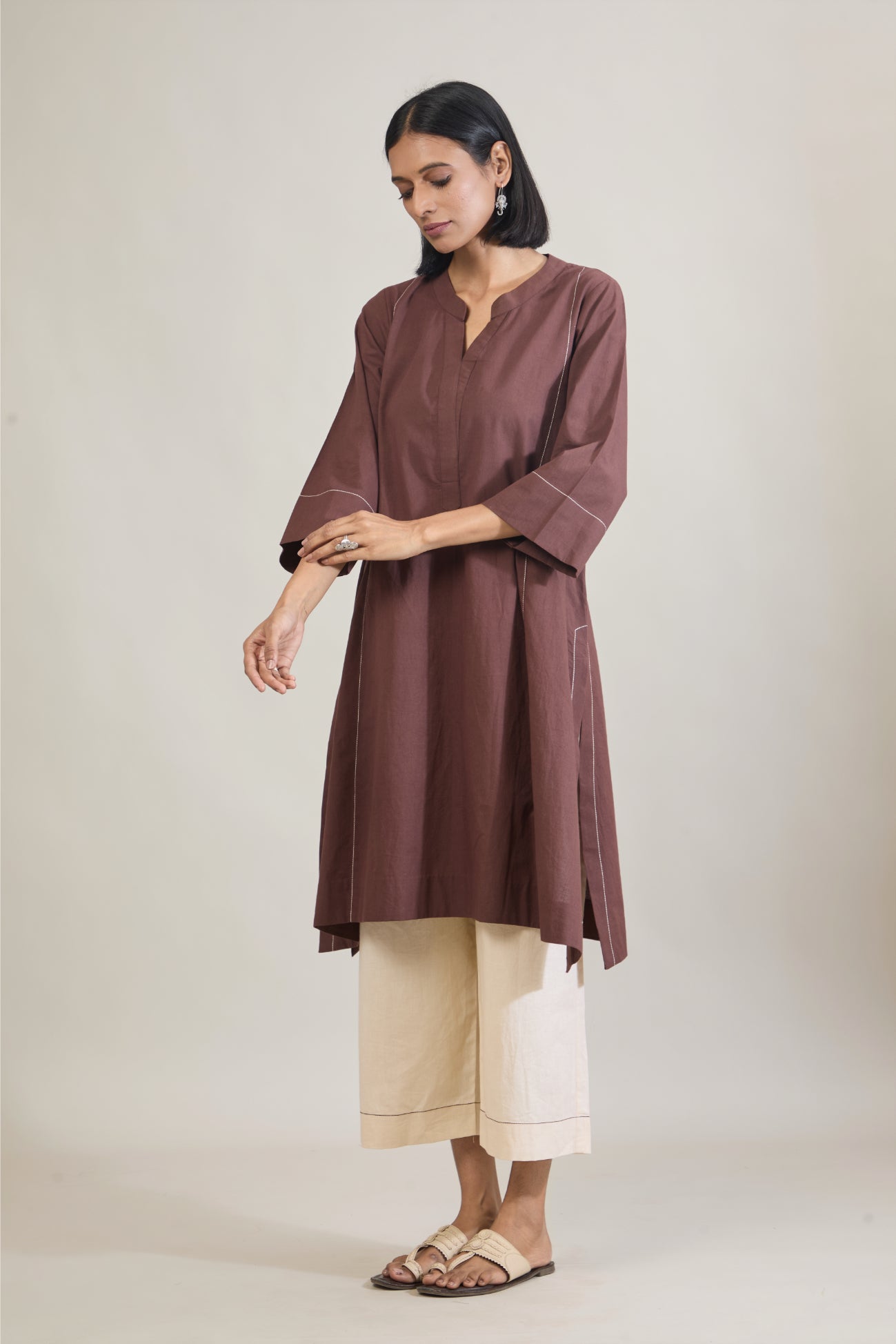 Katha Brown Solid Cotton Straight Kurta Set