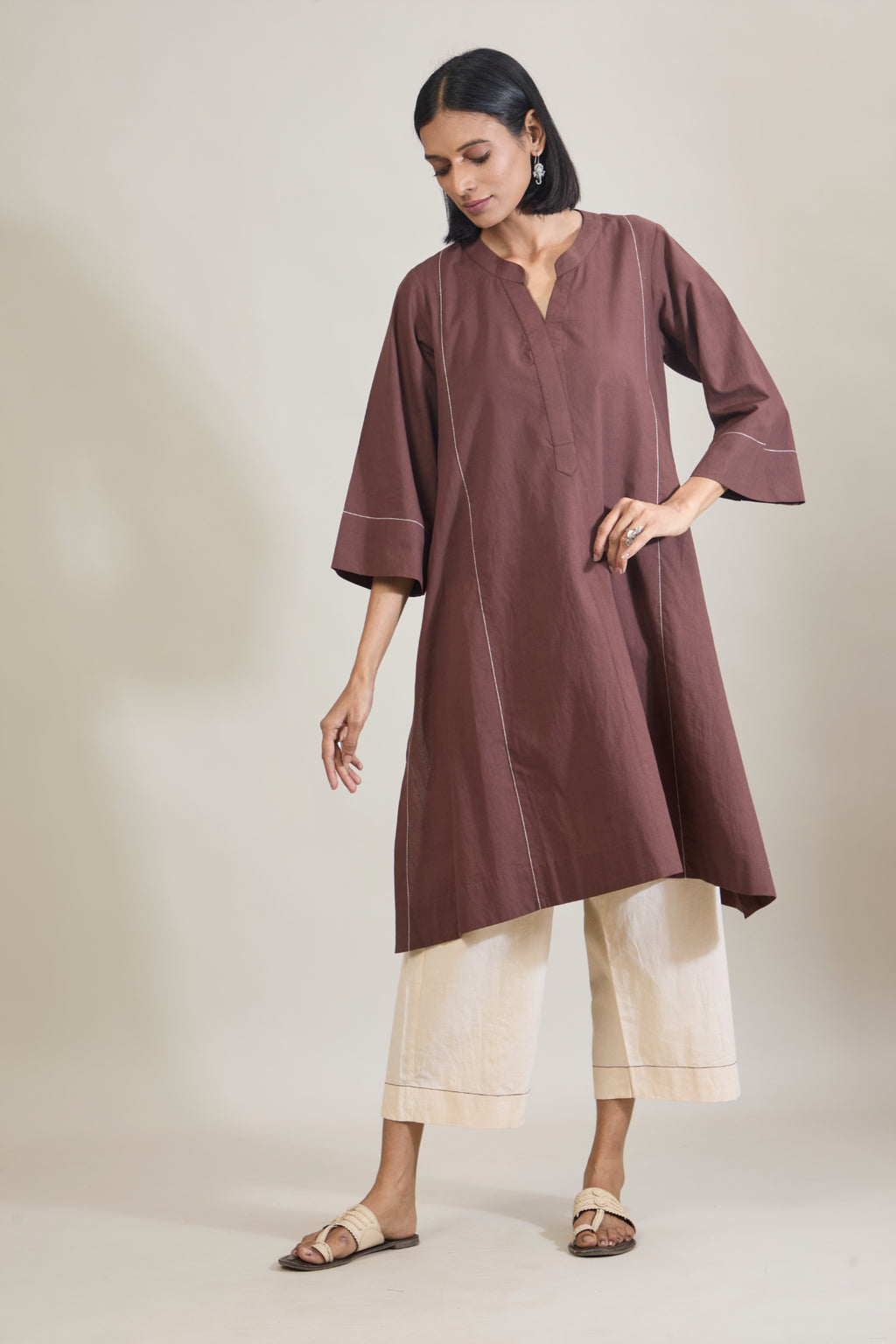 Katha Brown Solid Cotton Straight Kurta Set