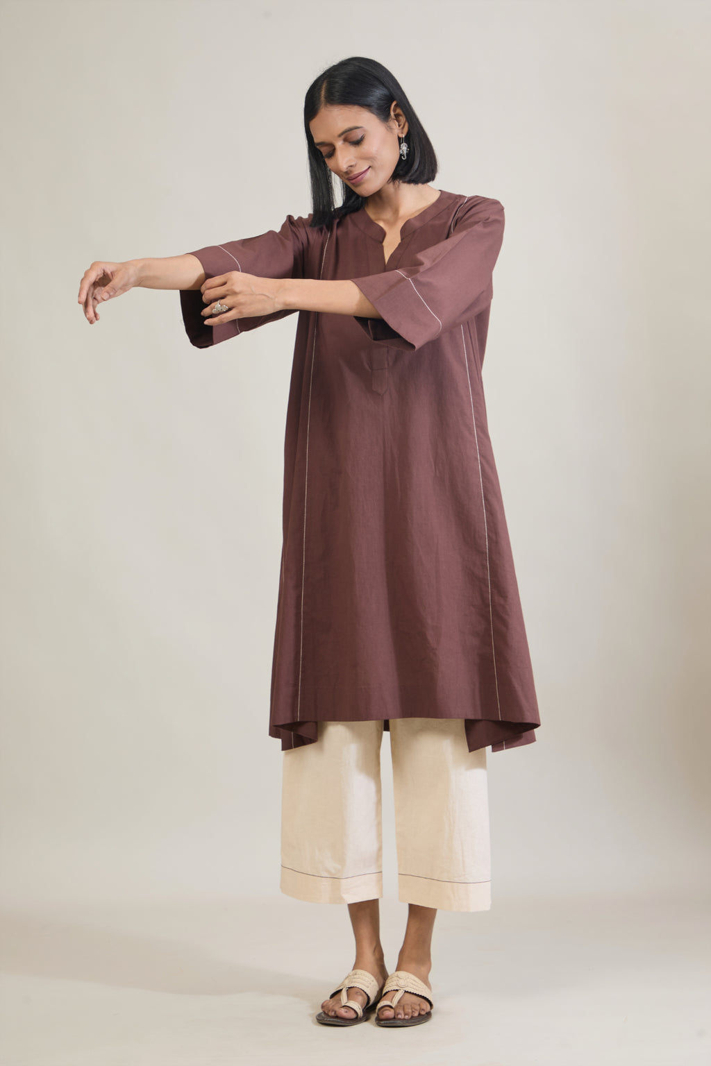Katha Brown Solid Cotton Straight Kurta Set