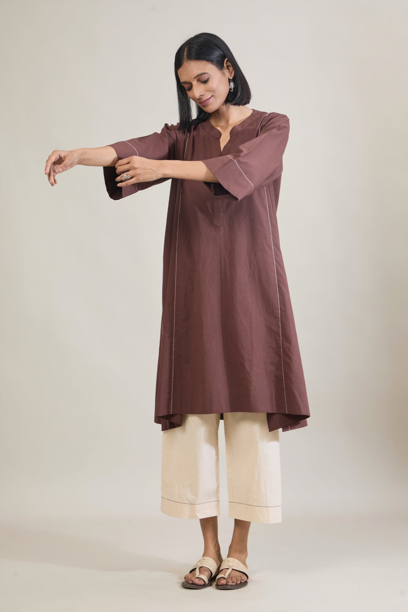 Katha Brown Solid Cotton Straight Kurta Set
