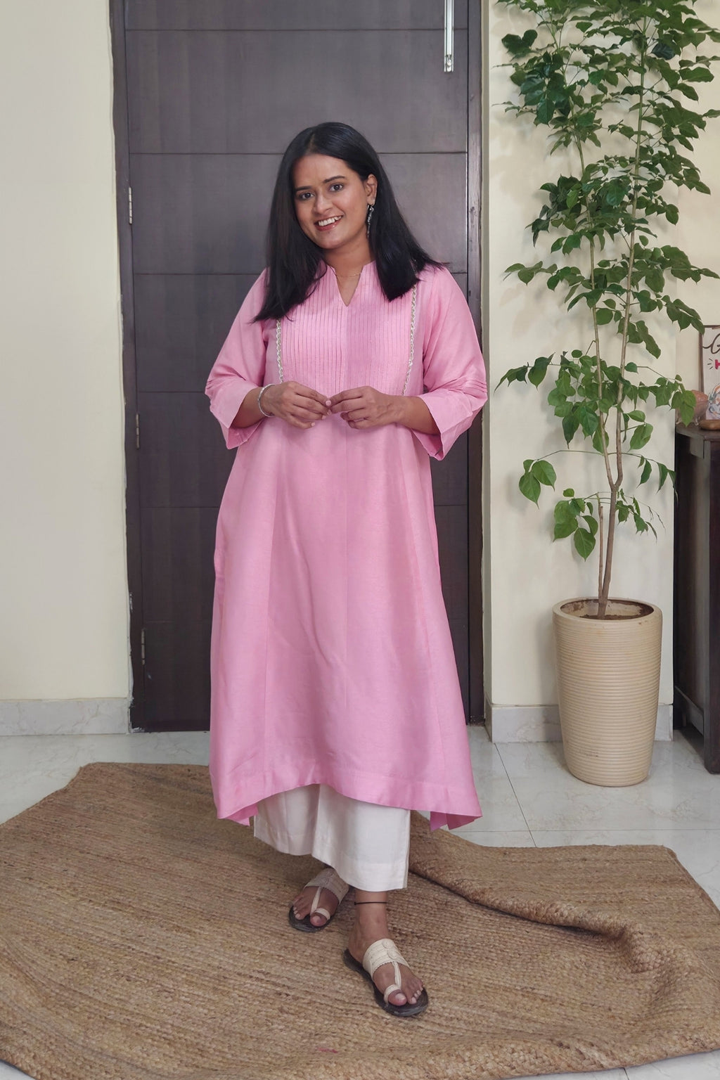 Maitreyi Light Pink Pintuck Dola Silk Kurta Set
