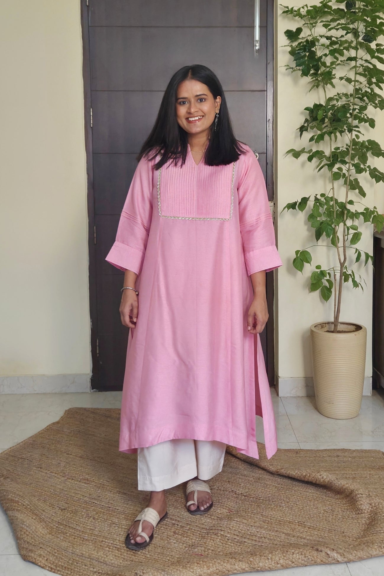 Maitreyi Light Pink Pintuck Dola Silk Kurta Set