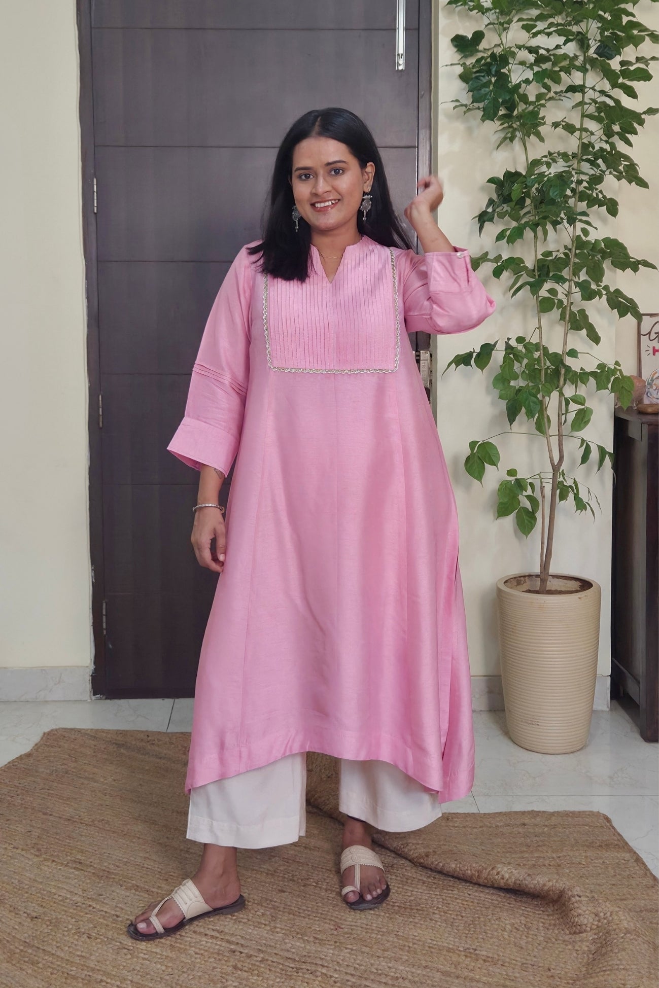 Maitreyi Light Pink Pintuck Dola Silk Kurta Set