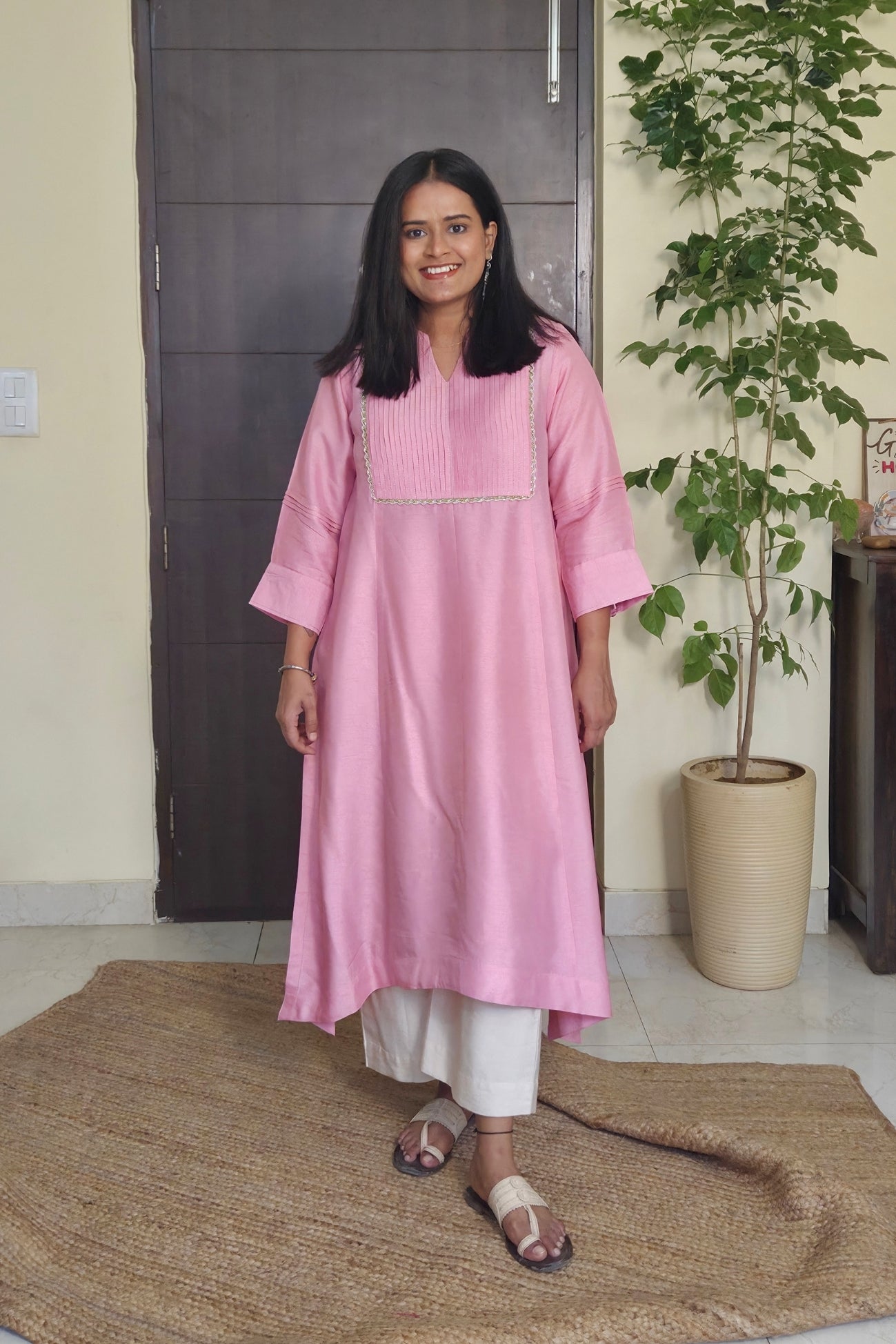 Maitreyi Light Pink Pintuck Dola Silk Kurta Set