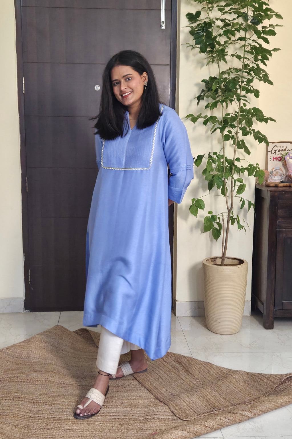 Manjari Light Blue Pintuck Dola Silk Kurta Set
