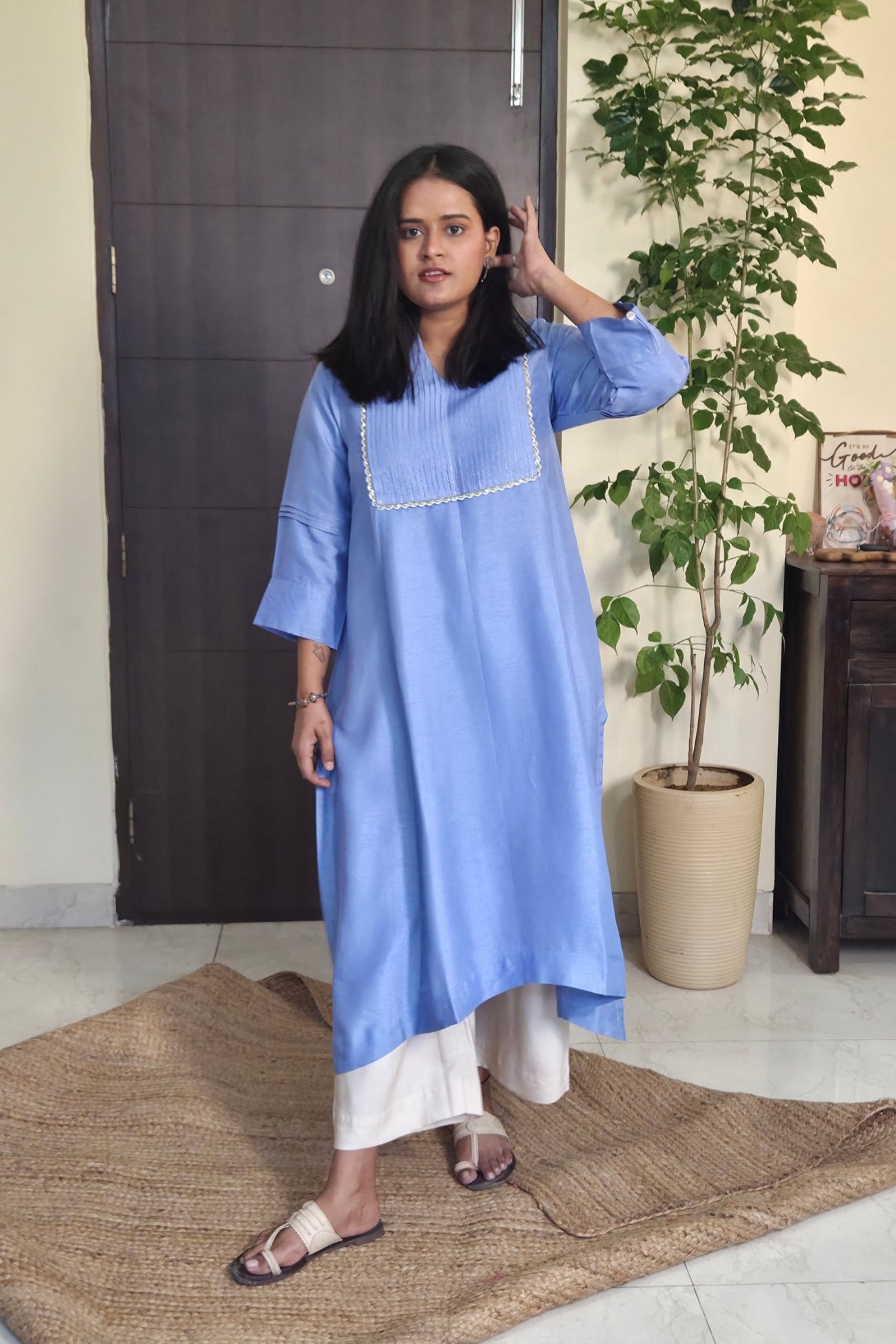 Manjari Light Blue Pintuck Dola Silk Kurta Set