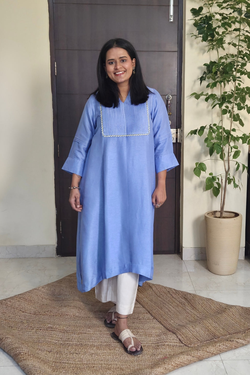 Manjari Light Blue Pintuck Dola Silk Kurta Set